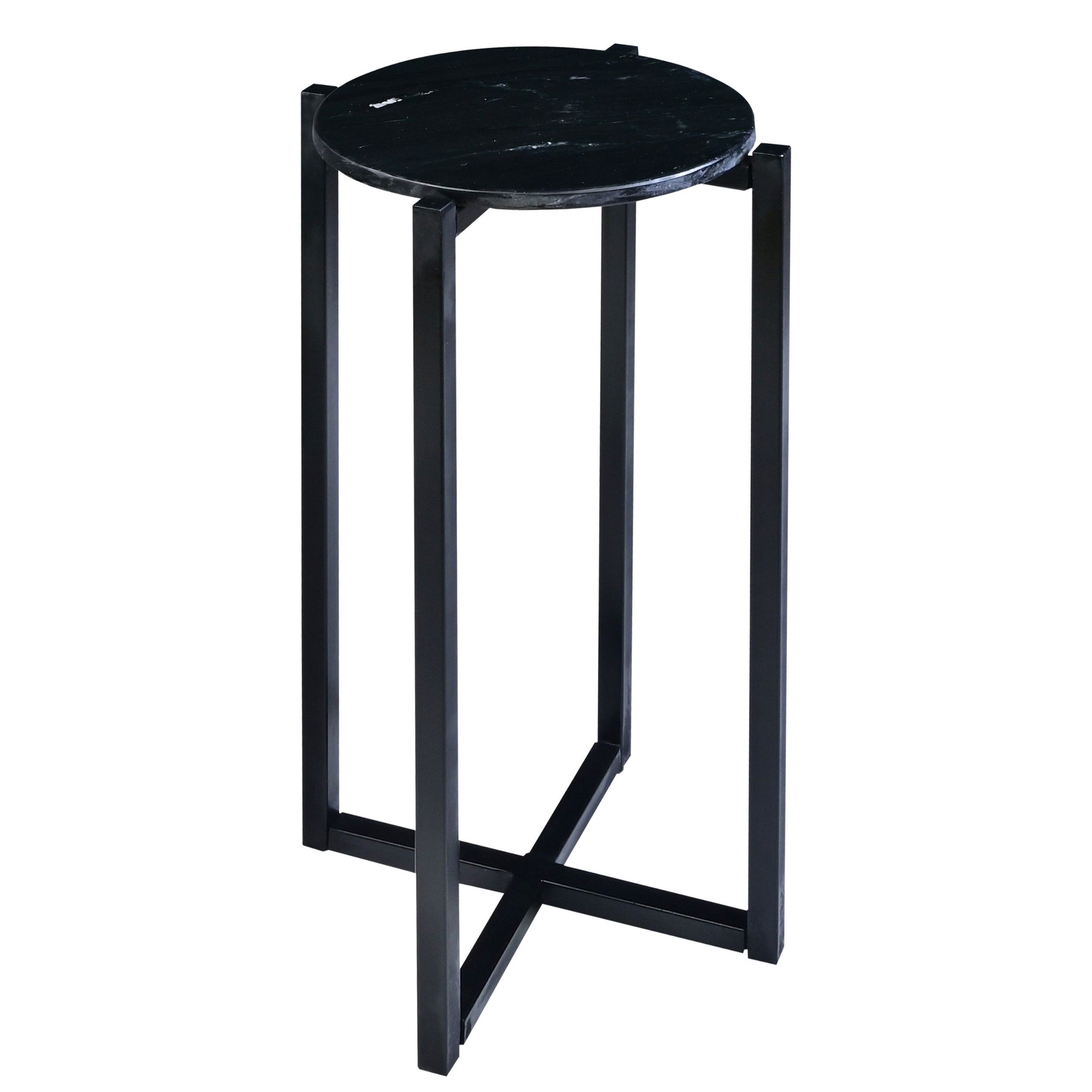 Ivy 24.5 Inch Round Marble Top Accent Side Table with Metal Frame, Black--1