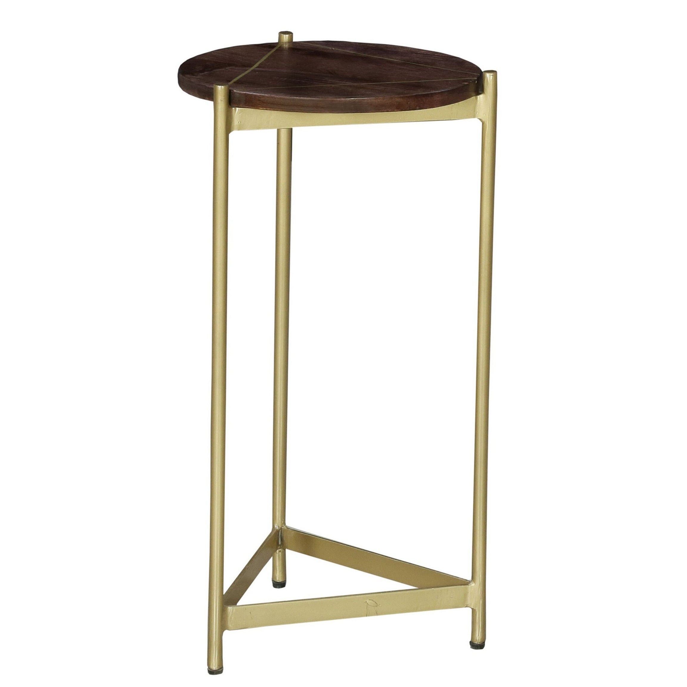 Brita 12 Inch Cocktail Accent Table, Round Wood Top, Triangular Gold Base, Brown, Brass--1