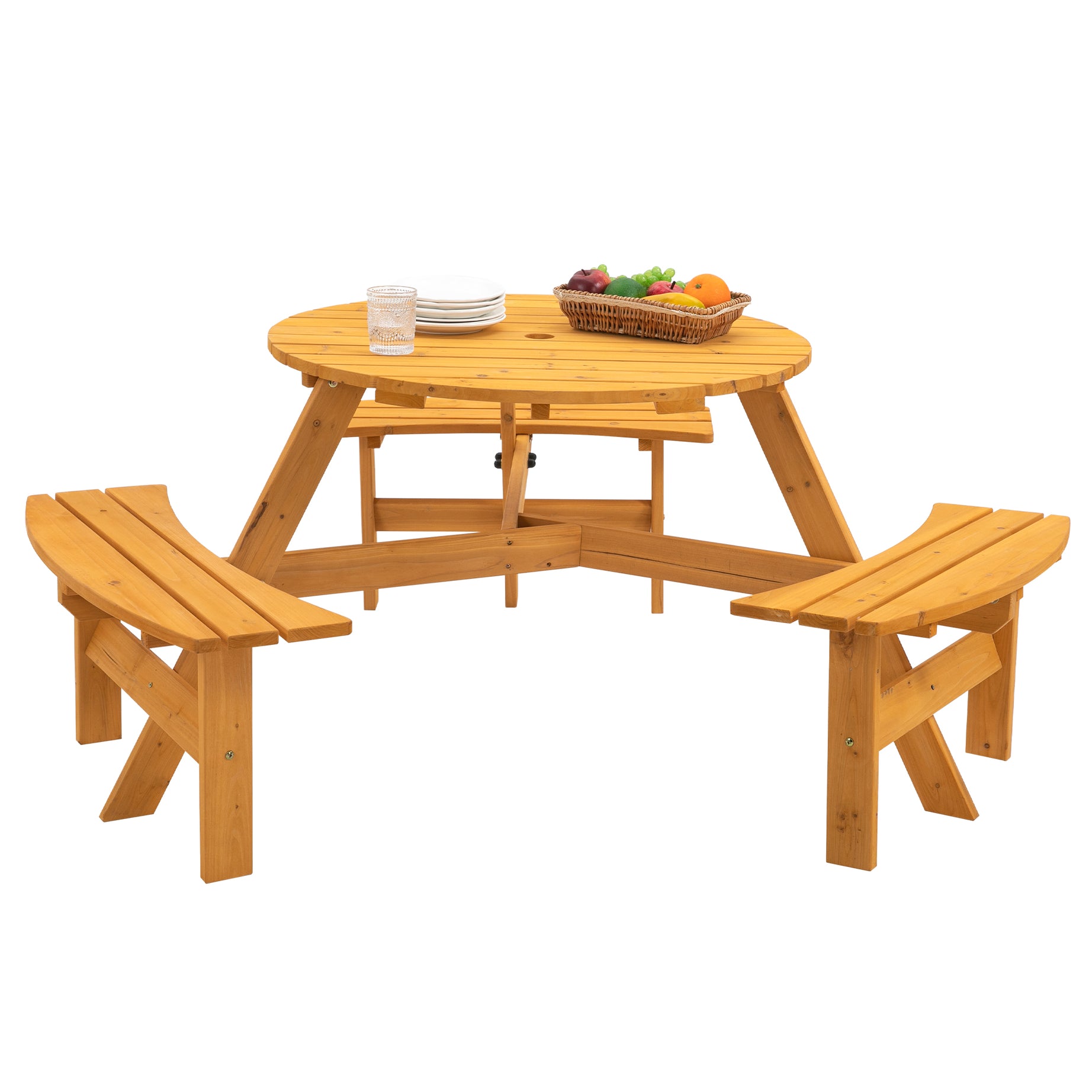 6-Person Circular Outdoor Wooden Picnic Table for Patio, Backyard, Garden, DIY w/ 3 Built-in Benches, 1720lb Capacity - Natural--1