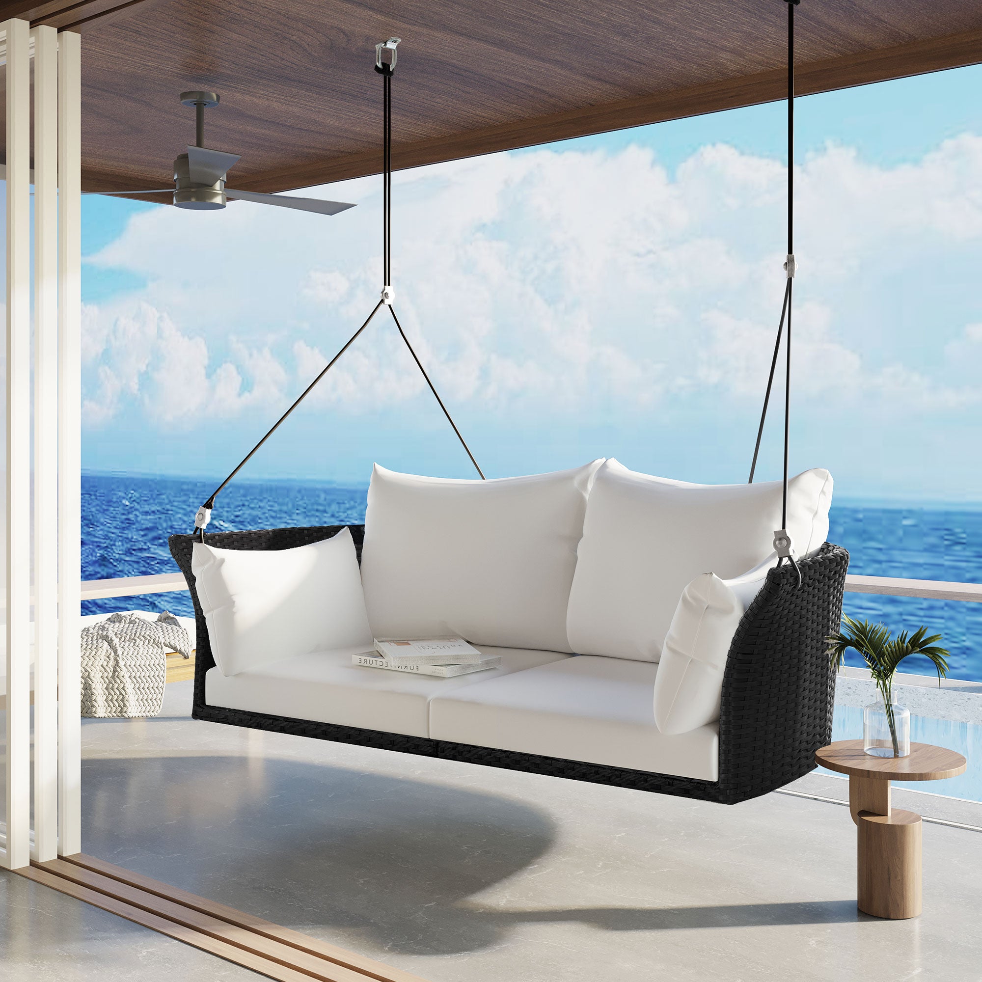 GO 51.9" 2-Person Hanging Seat, Rattan Woven Swing Chair, Porch Swing With Ropes, Black Wicker And White Cushion--1