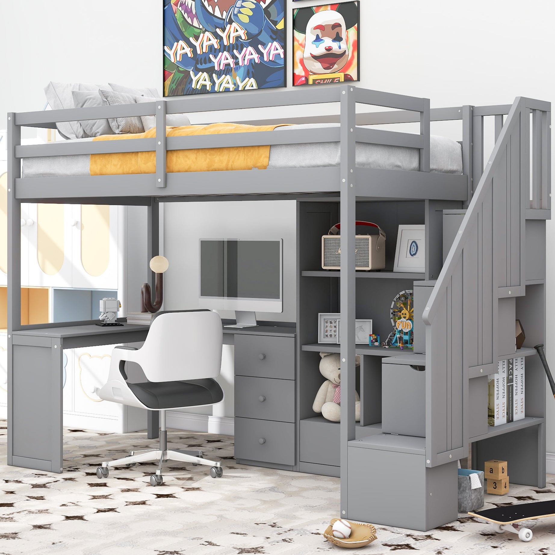 Twin Size Loft Bed with L-Shaped Desk and Drawers, Cabinet and Storage Staircase, Gray--1