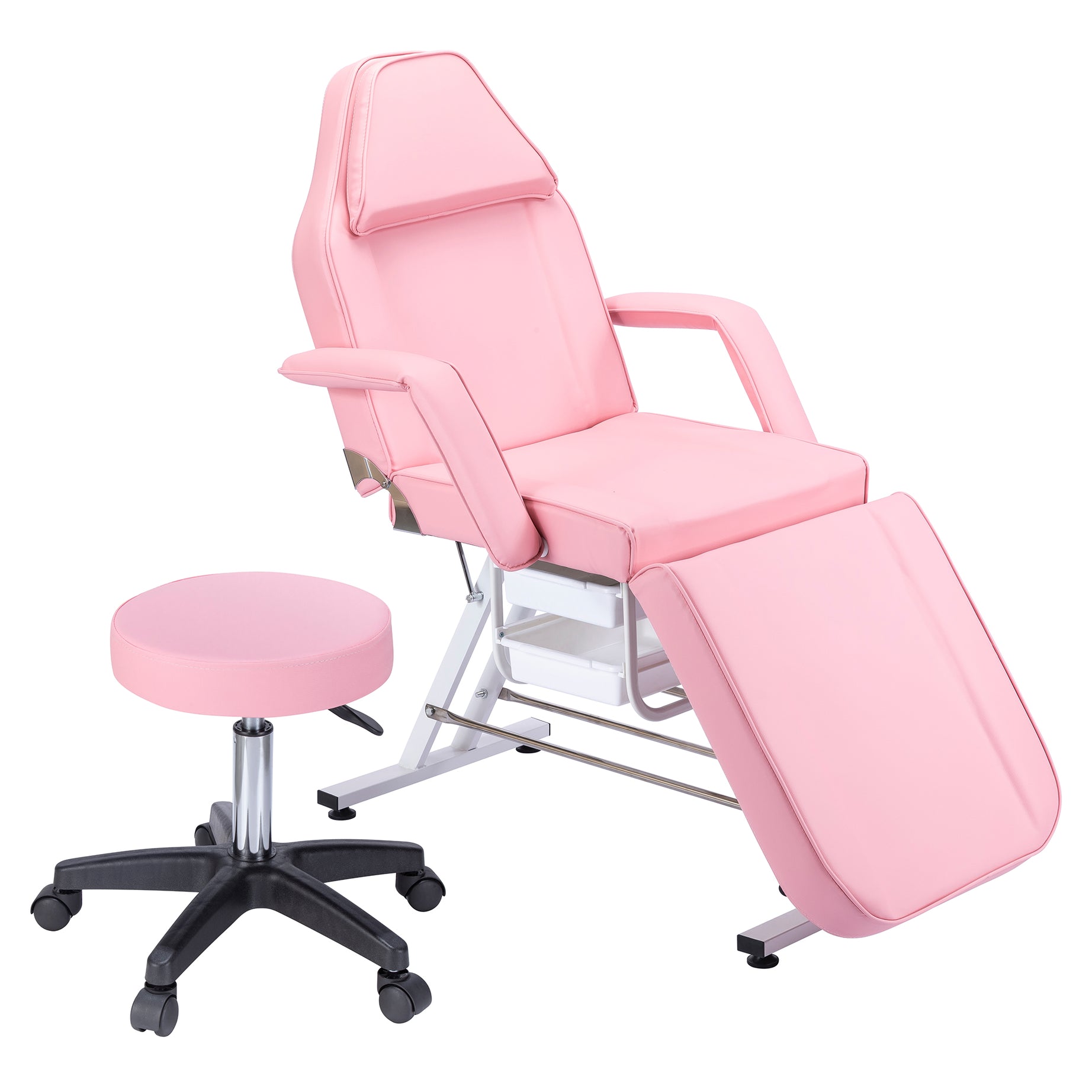 Massage Salon Tattoo Chair  with Two Trays Esthetician Bed with Hydraulic Stool,Multi-Purpose 3-Section Facial Bed Table, Adjustable Beauty Barber Spa Beauty Equipment, Pink--1