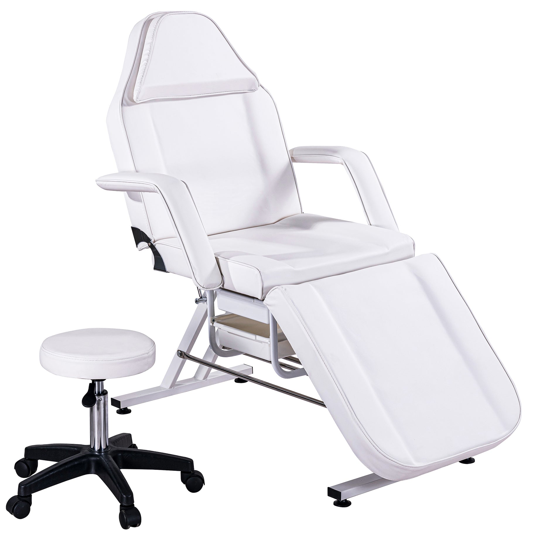 Massage Salon Tattoo Chair  with Two Trays Esthetician Bed with Hydraulic Stool,Multi-Purpose 3-Section Facial Bed Table, Adjustable Beauty Barber Spa Beauty Equipment, White--1