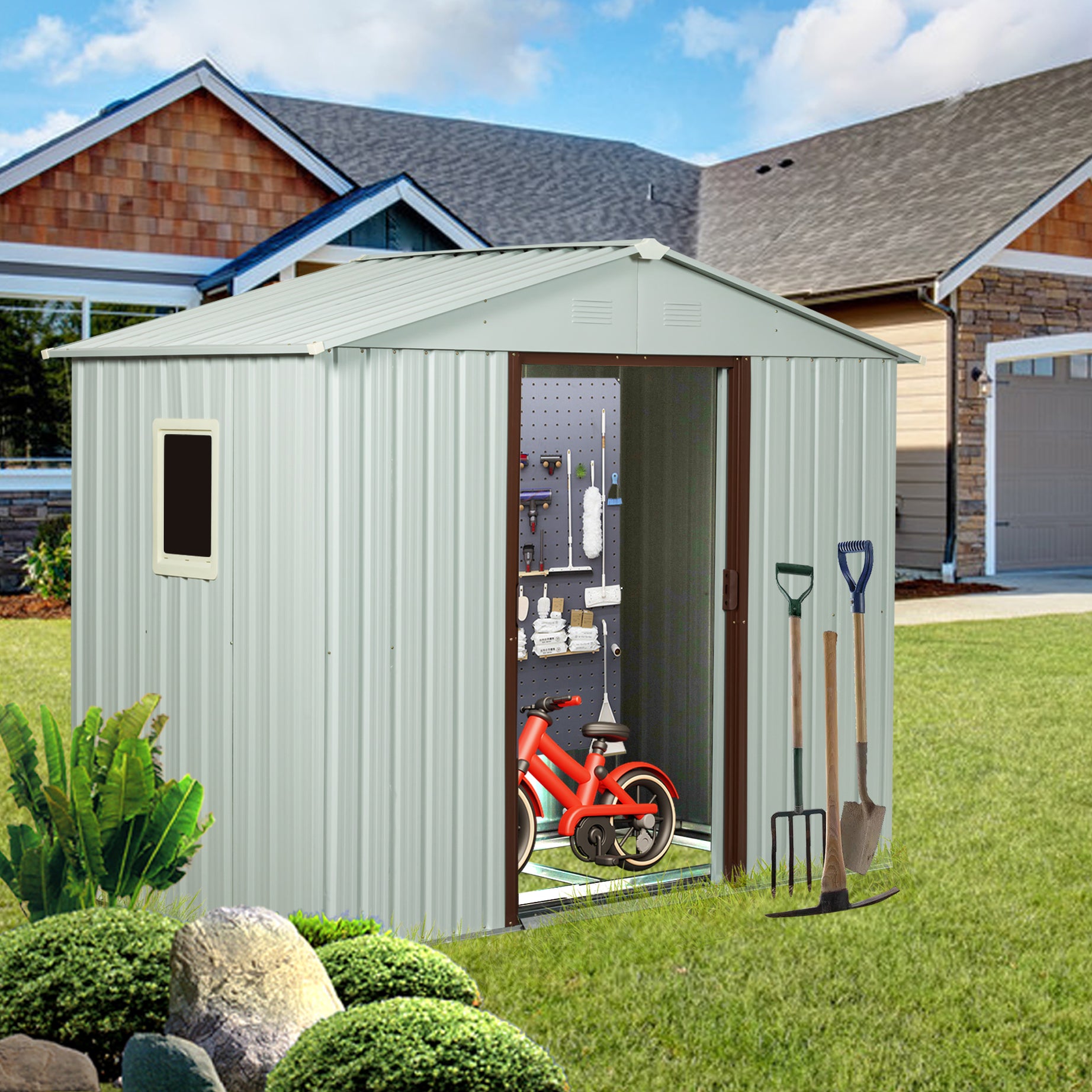 8ft x 4ft Outdoor Metal Storage Shed With window White--1