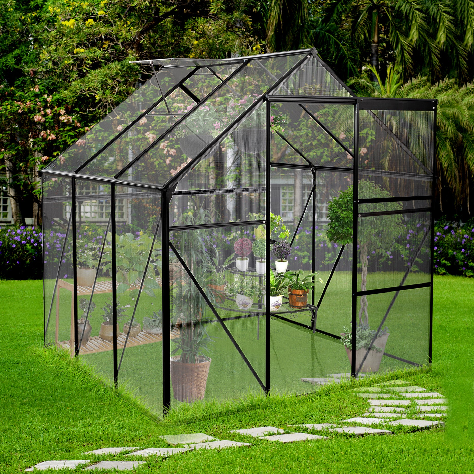 6X6FT-BLACK Polycarbonate Greenhouse Raised Base and Anchor Aluminum Heavy Duty Walk-in Greenhouses for Outdoor Backyard in All Season (W540S00002)--1