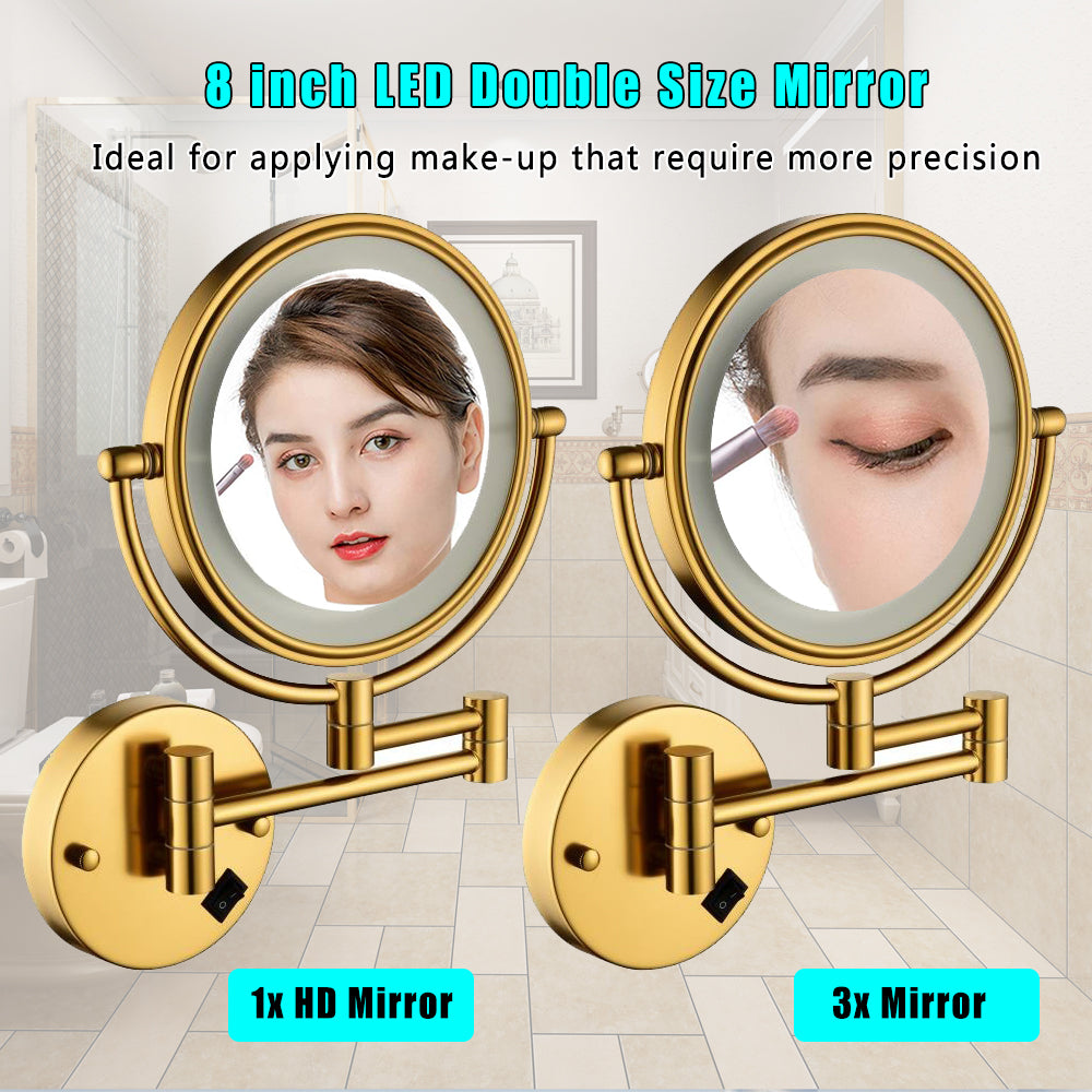 8 Inch LED Wall Mount Two-Sided Magnifying Makeup Vanity Mirror 12 Inch Extension Matte Black 1X/3X Magnification Plug 360 Degree Rotation Waterproof Button Shaving Mirror--1