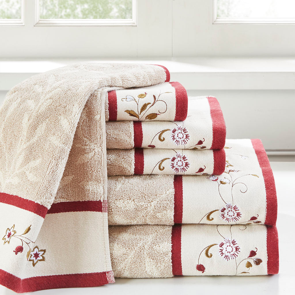 Embroidered Cotton Jacquard 6 Piece Towel Set--1