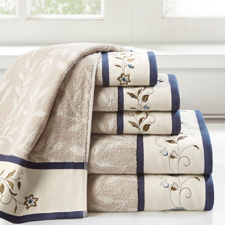 Embroidered Cotton Jacquard 6 Piece Towel Set--1