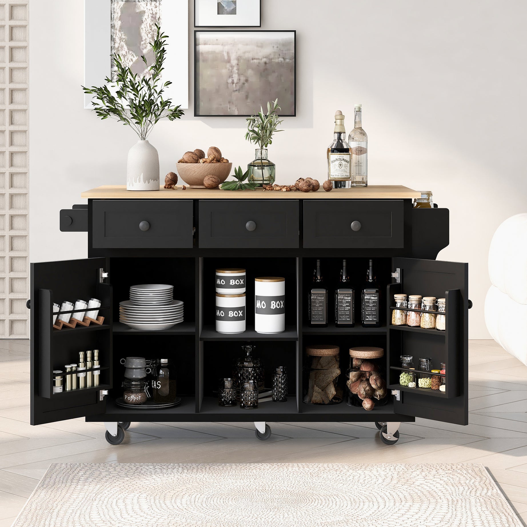 Kitchen Cart with Rubber wood Drop-Leaf Countertop ,Cabinet door internal storage racks,Kitchen Island on 5 Wheels with Storage Cabinet and 3 Drawers for Dinning Room, Black--1