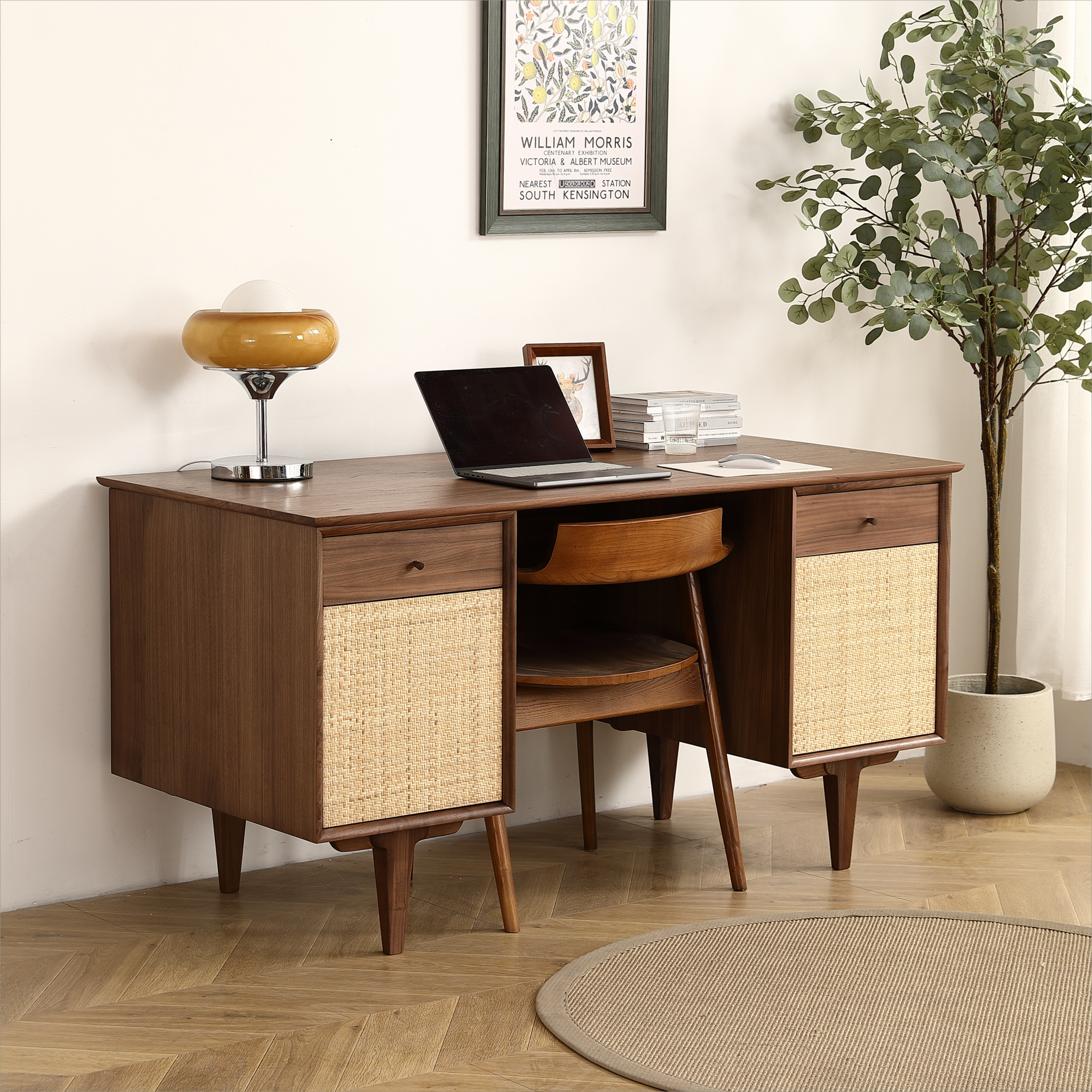 Black Walnut Desk with Natural Rattan Net - Large Home Office Workstation with Storage 57.09 inch--1