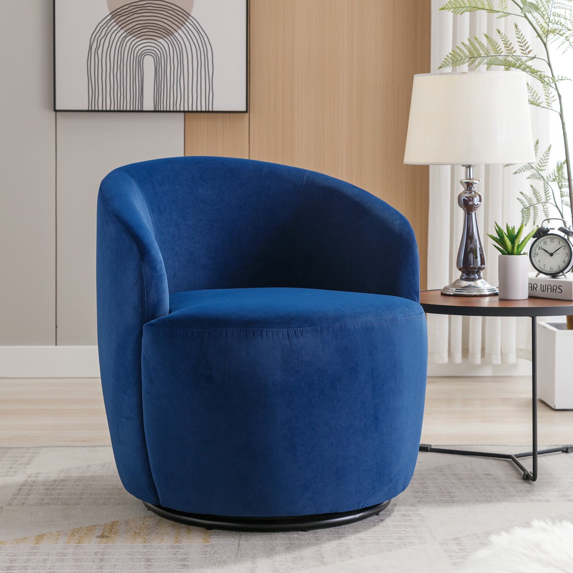 Velvet Fabric Swivel Accent Armchair Barrel Chair With Black Powder Coating Metal Ring,Blue--1