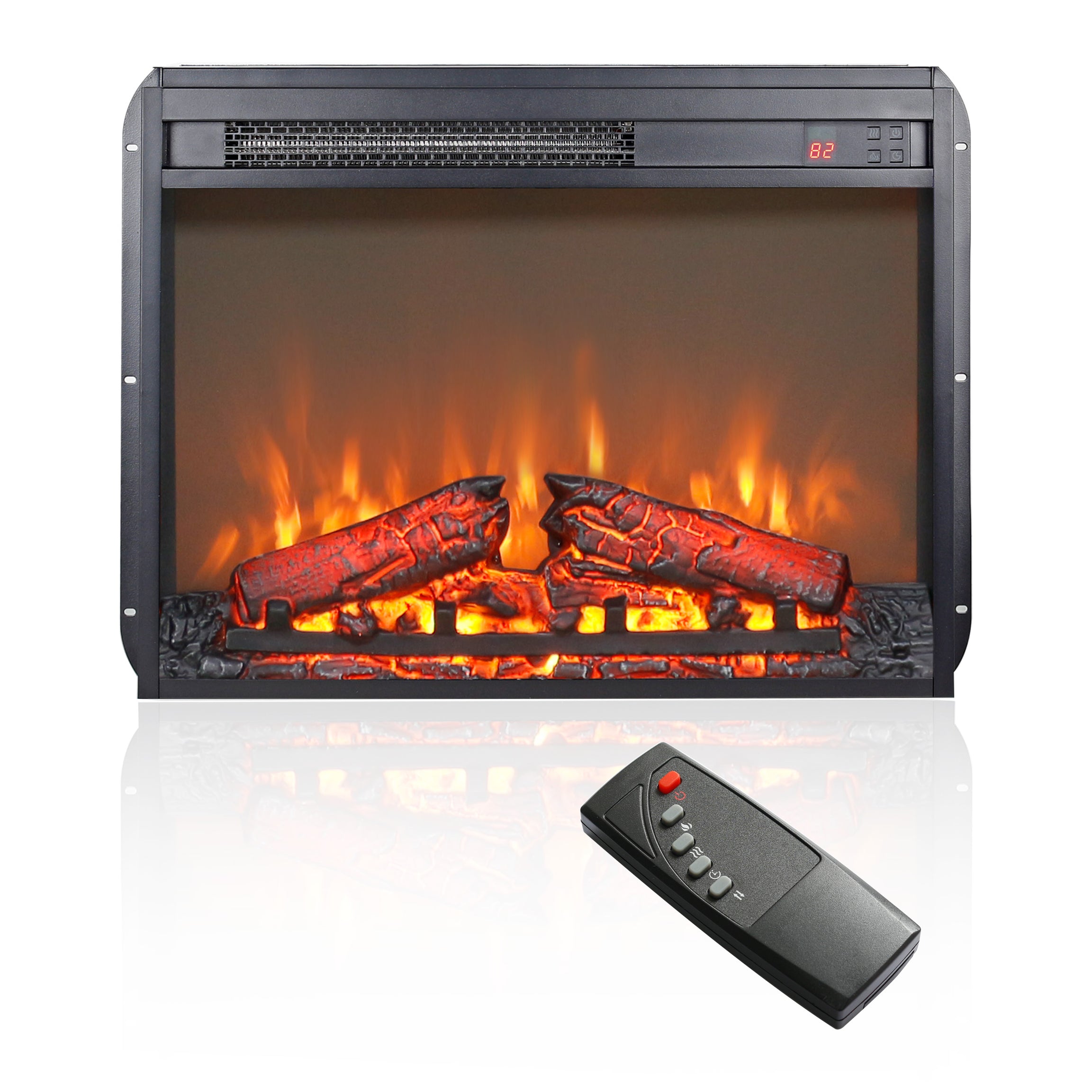 23 inch electric fireplace insert, ultra thin heater with log set & realistic flame, remote control with timer, overheating protection--1