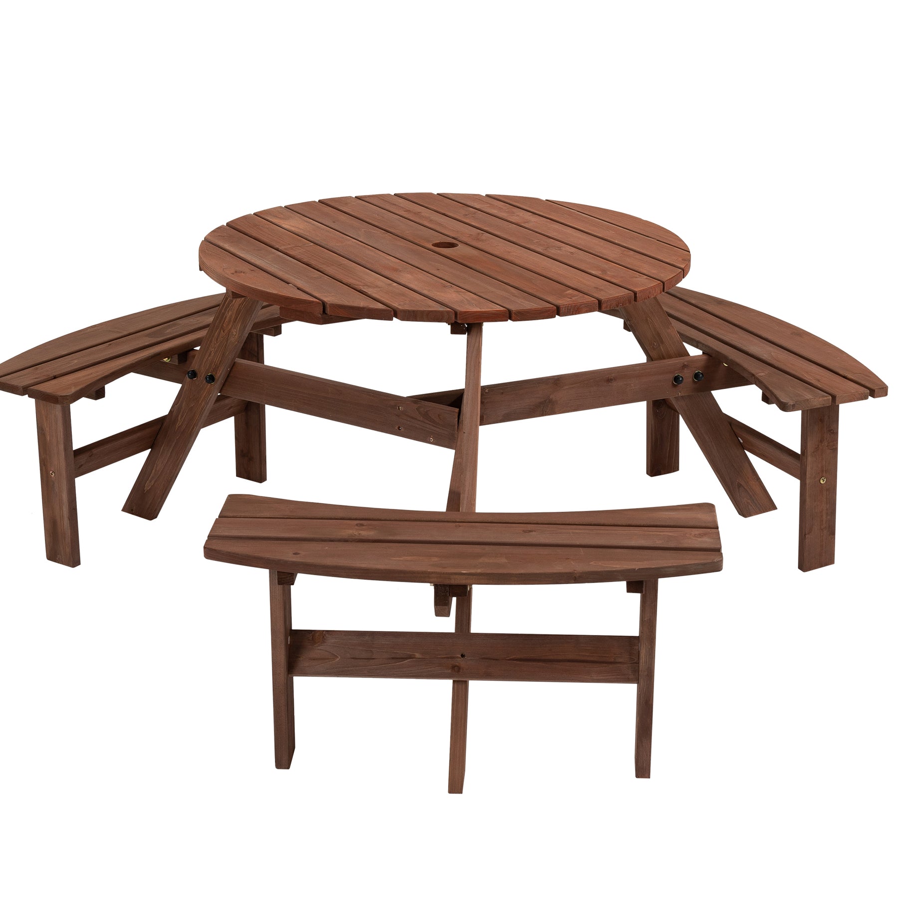 6-Person Circular Outdoor Wooden Picnic Table for Patio, Backyard, Garden, DIY w/ 3 Built-in Benches, 1720lb Capacity - Brown--1