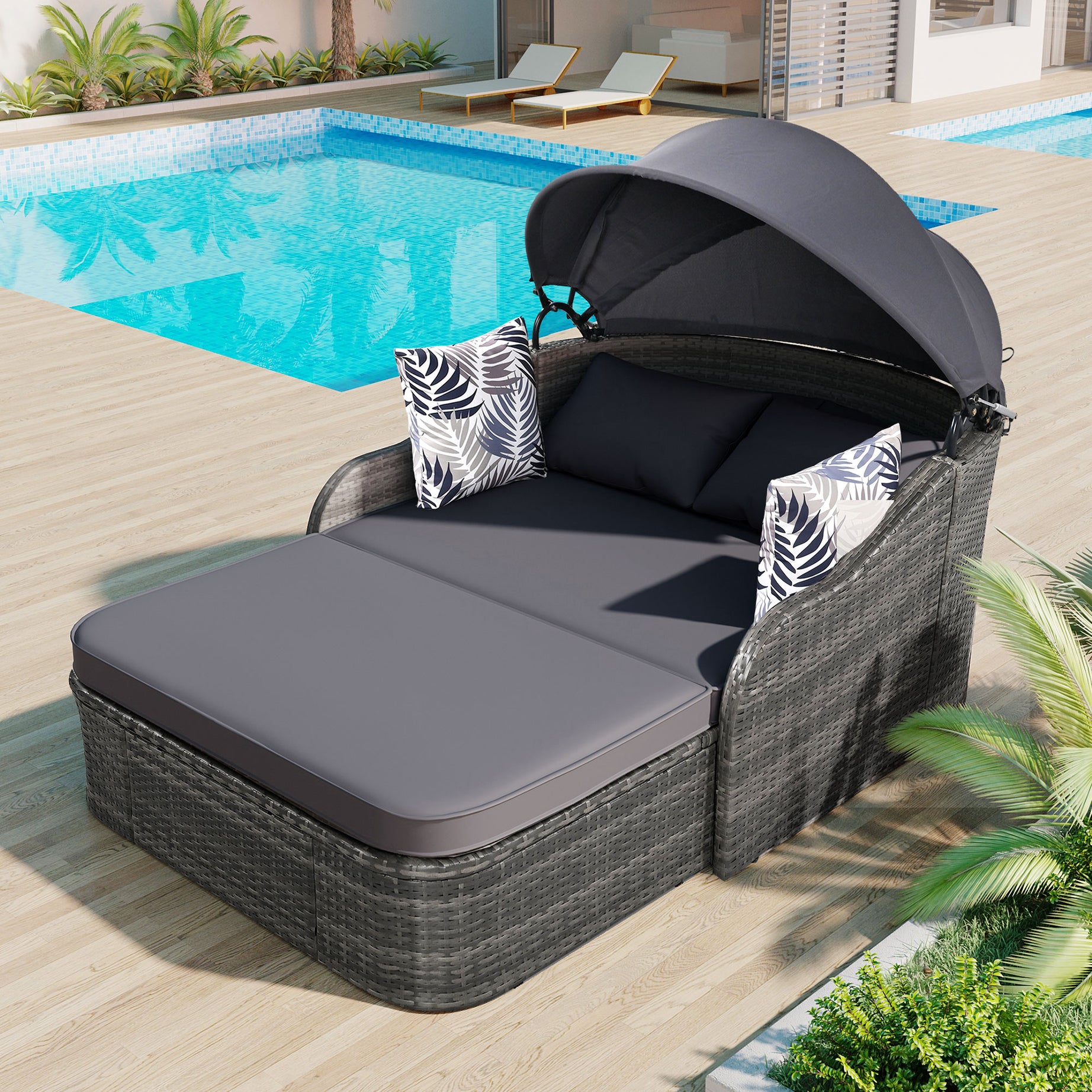 GO 79.9" Outdoor Sunbed with Adjustable Canopy, Double lounge, PE Rattan Daybed, Gray Wicker And Cushion--1