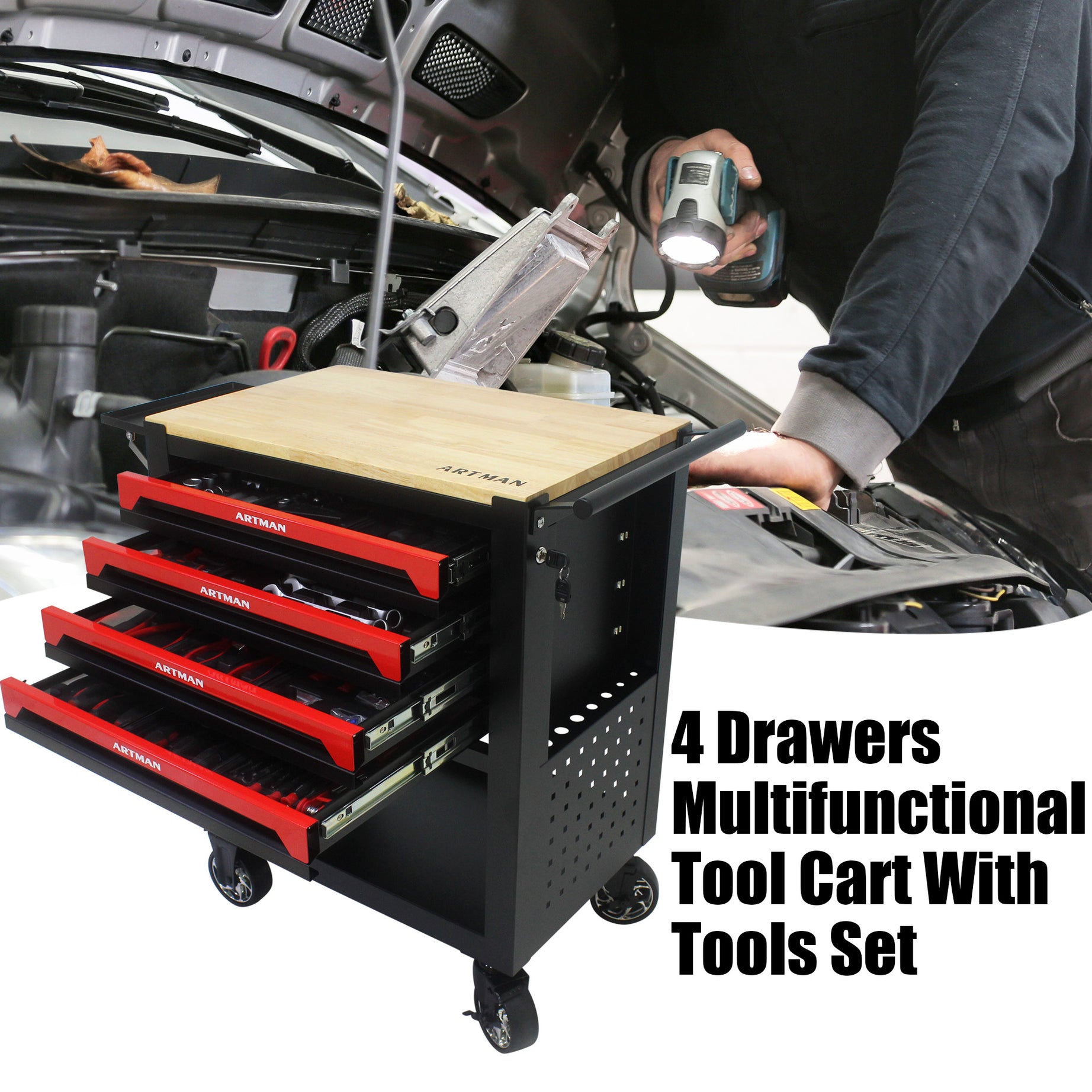 4 DRAWERS MULTIFUNCTIONAL TOOL CART WITH TOOL SET AND WOODEN TOP--1