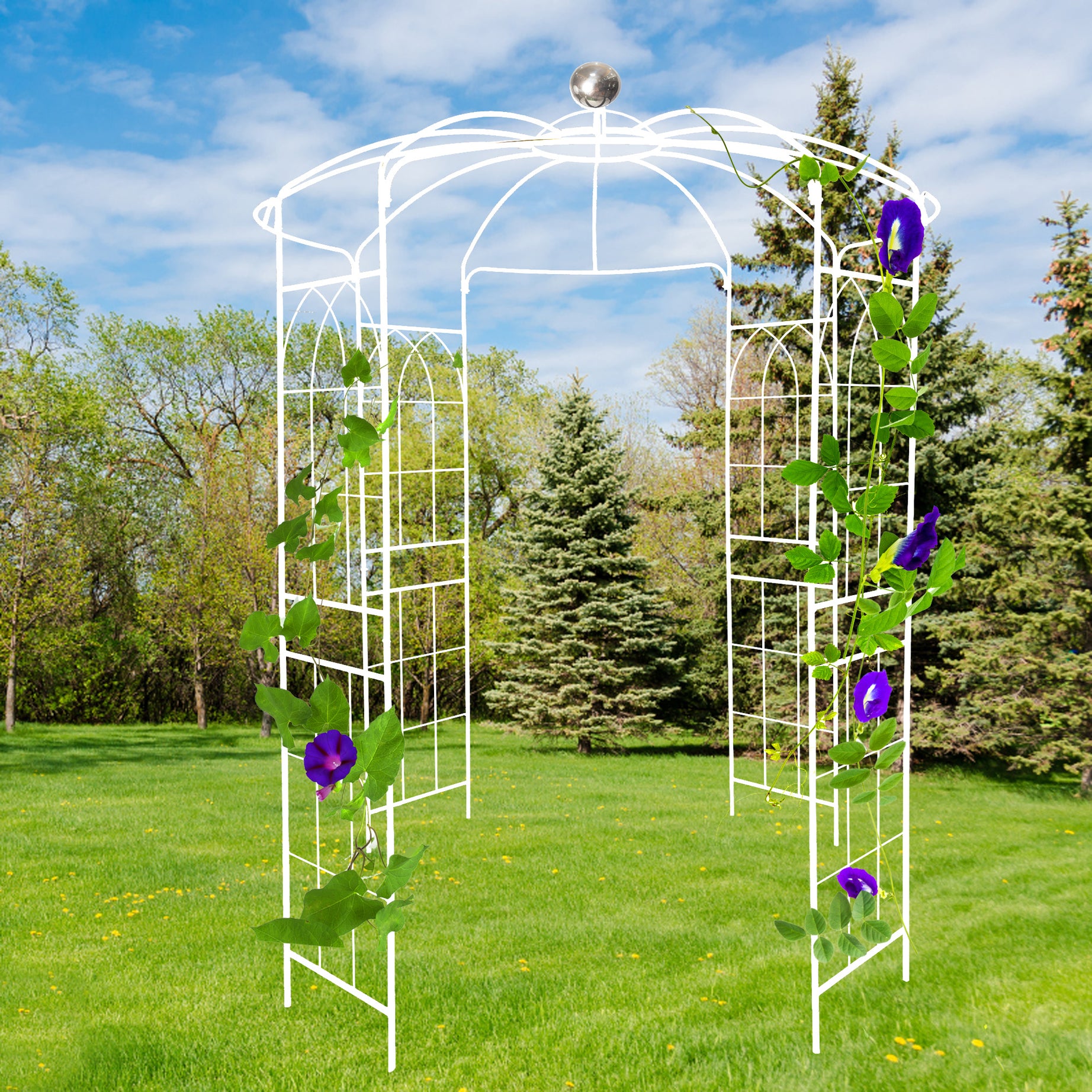 Metal Garden Arch Iron Garden Arbors Gazebo Dia 81.3'' x 114.2'' High Birdcage Shape Pergola Pavilion for Wedding Ceremony Cream White--1