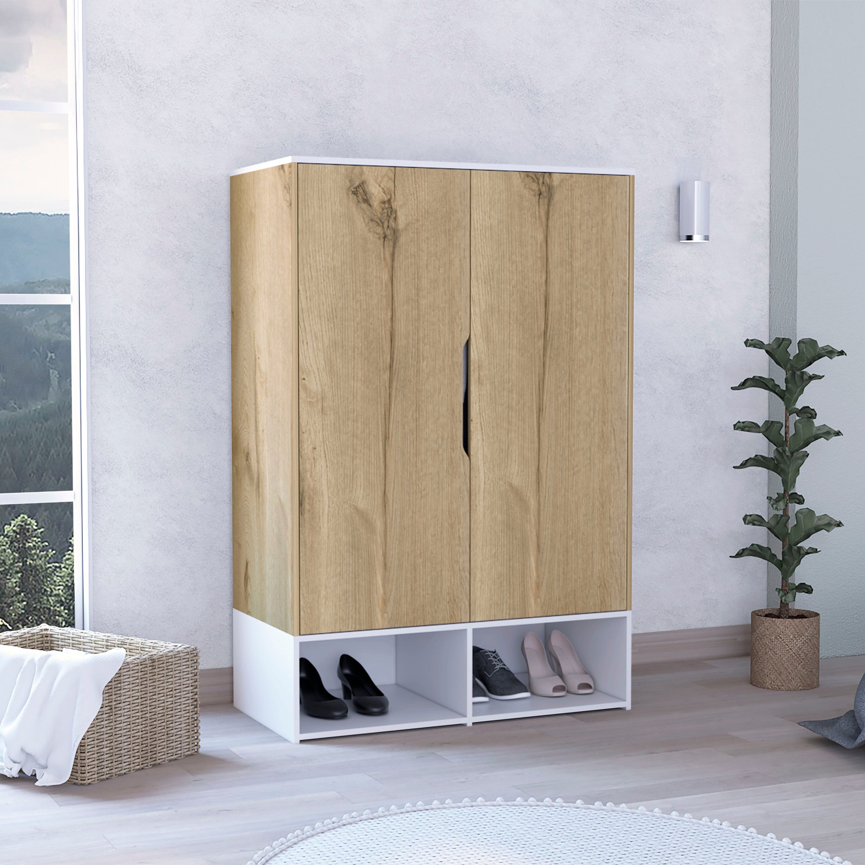 Rosie Armoire, Two Open Shelves, Double Door, Five Shelves, Hanging Rod -Light Oak / White--1