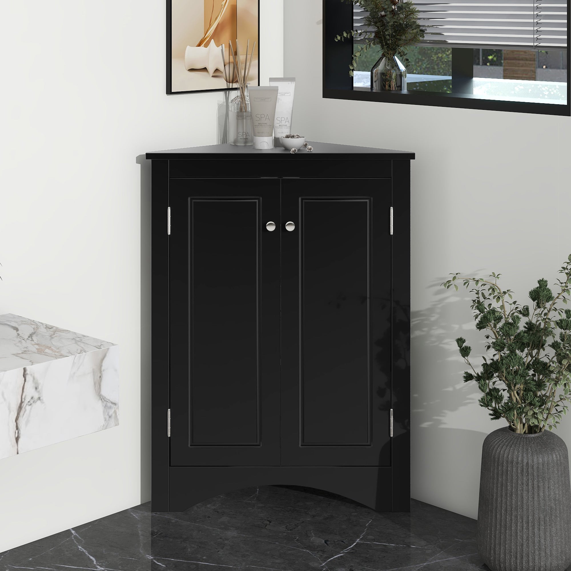 Black Triangle Bathroom Storage Cabinet with Adjustable Shelves, Freestanding Floor Cabinet for Home Kitchen--2