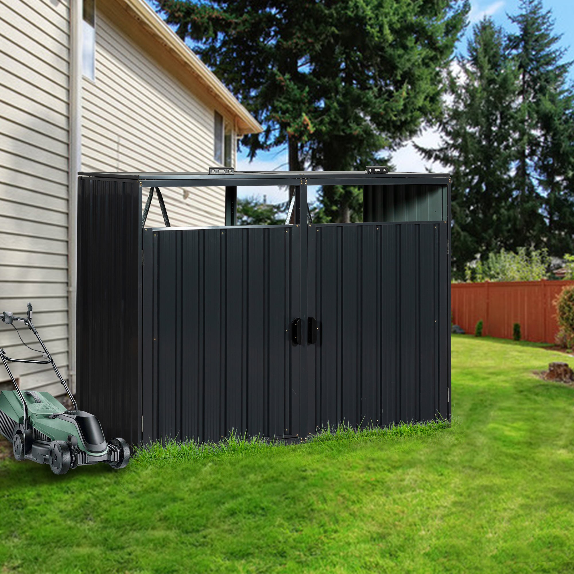 Garbage Bin Shed Stores 2 Trash Cans Metal Outdoor Bin Shed for Garbage Storage,Stainless Galvanized Steel, Bin Shed for Garden Yard Lawn--1