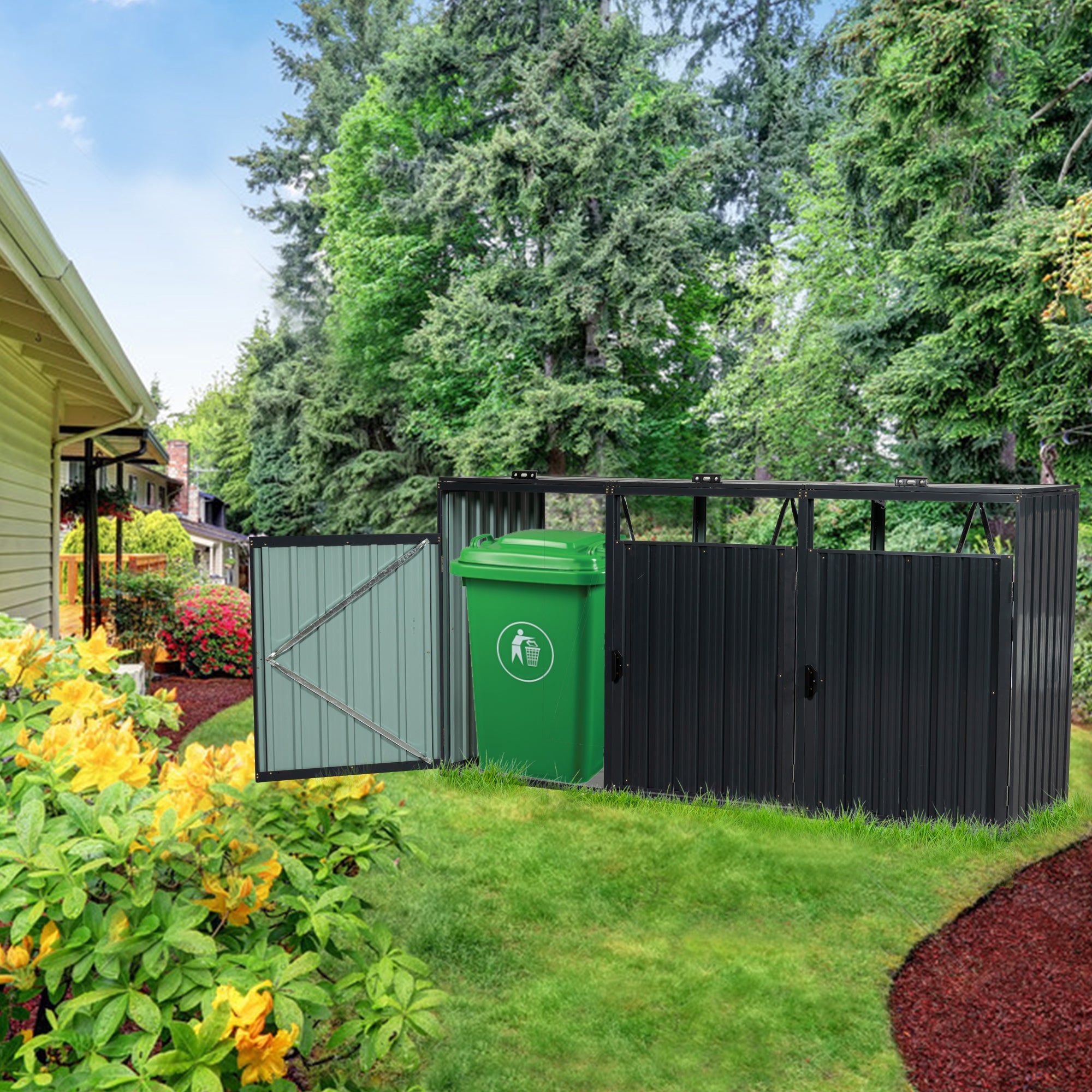 Garbage Bin Shed Stores 3 Trash Cans Metal Outdoor Bin Shed for Garbage Storage,Stainless Galvanized Steel, Bin Shed for Garden Yard Lawn W540S00009--1