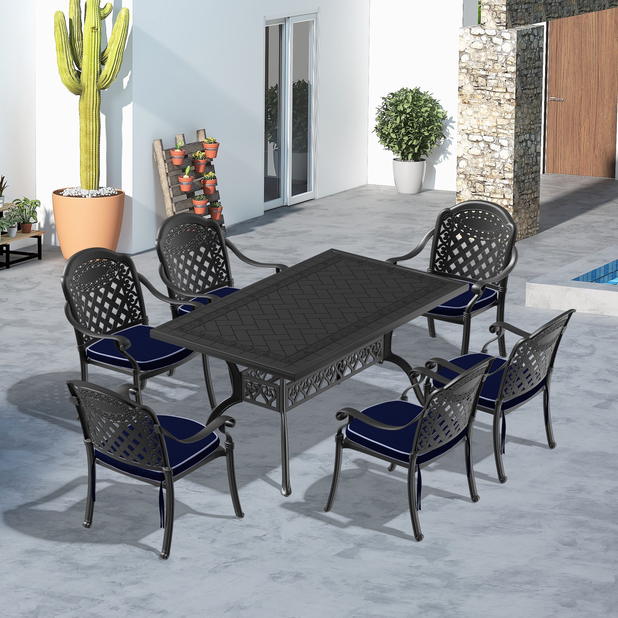 (Cushions In  Random Colors)7-Piece Set Of Cast Aluminum Patio Furniture With  Cushions--1