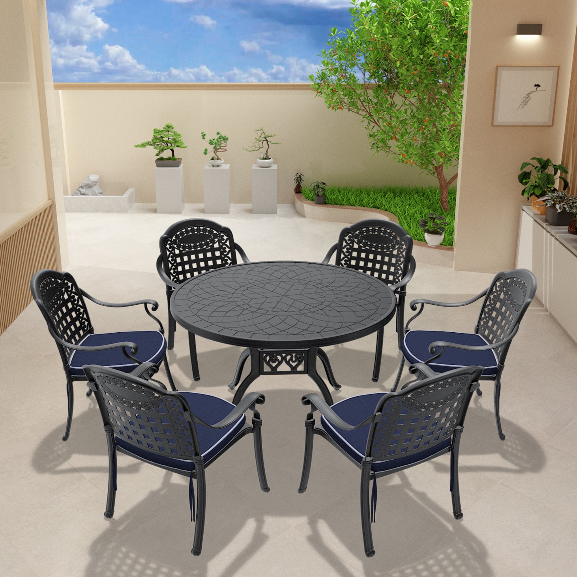 (Cushions In  Random Colors)7-Piece Set Of Cast Aluminum Patio Furniture With  Cushions--1