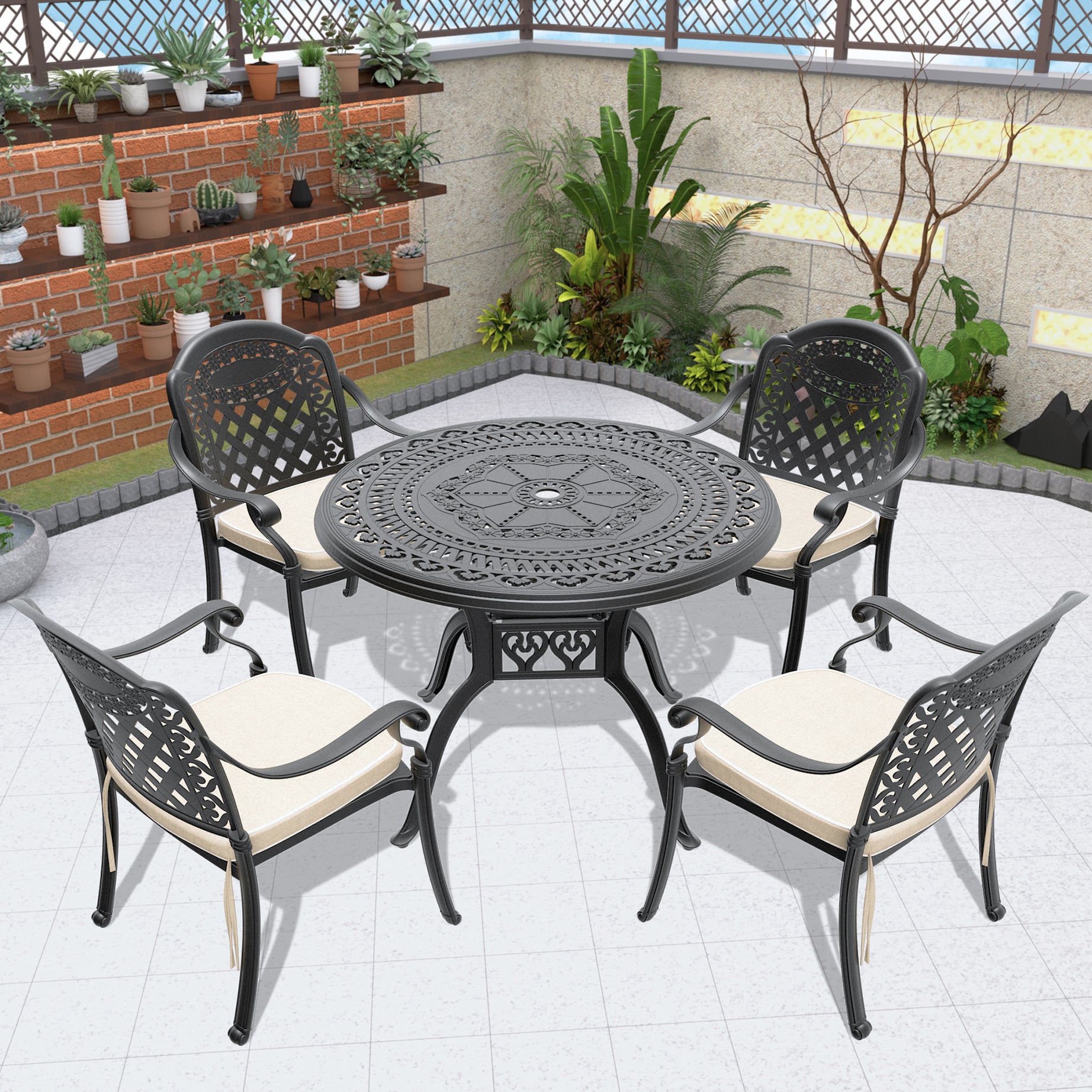 (Cushions In  Random Colors)5-Piece Set Of Cast Aluminum Patio Furniture With  Cushions--1