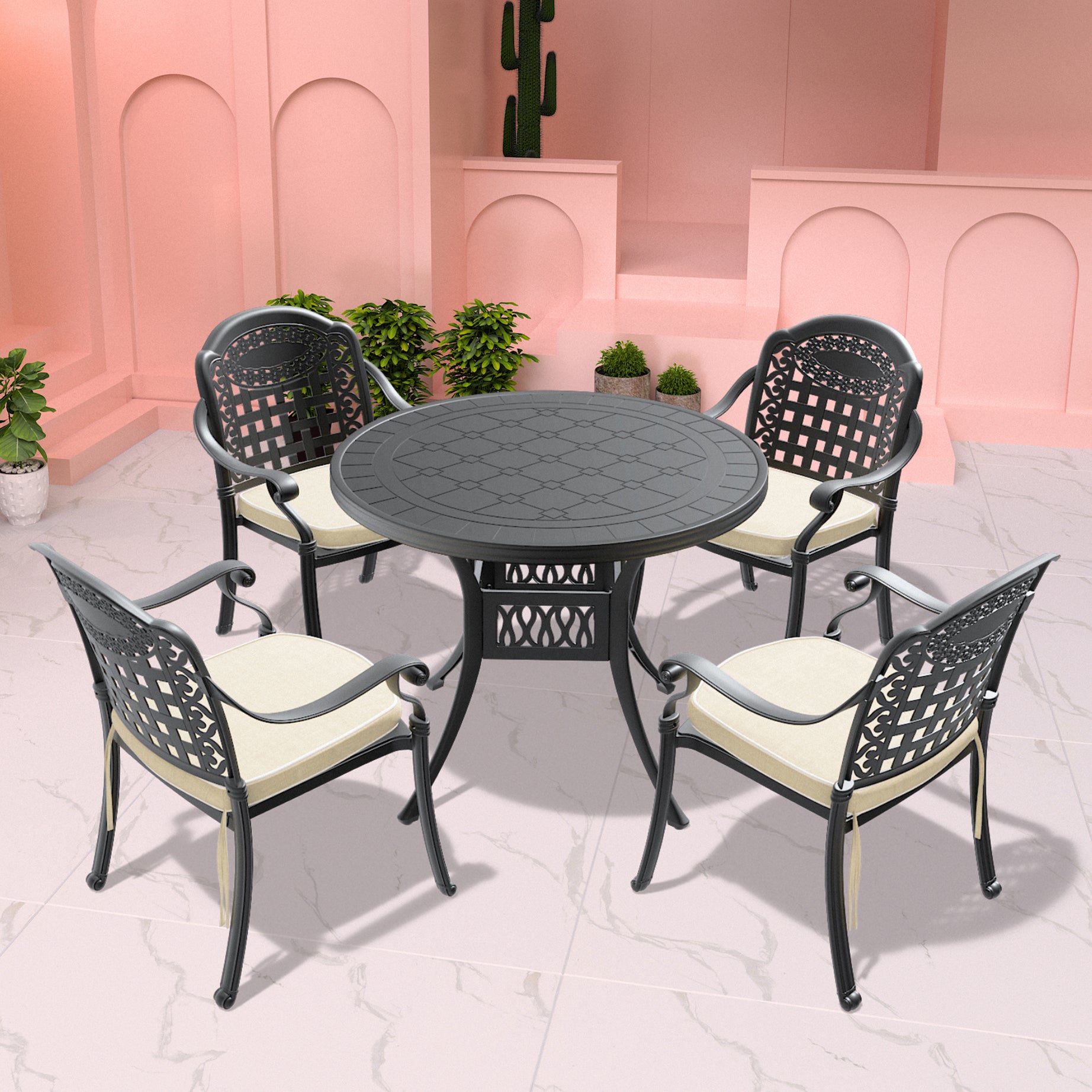 (Cushions In  Random Colors)5-Piece Set Of Cast Aluminum Patio Furniture With  Cushions--1