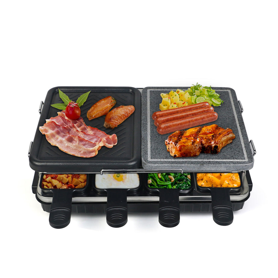 Dual Raclette Table Grill w Non-Stick Grilling Plate & Cooking Stone- 8 Person Electric Tabletop Cooker for Korean BBQ- Melt Cheese, Cook Meat & Veggies at Once--1