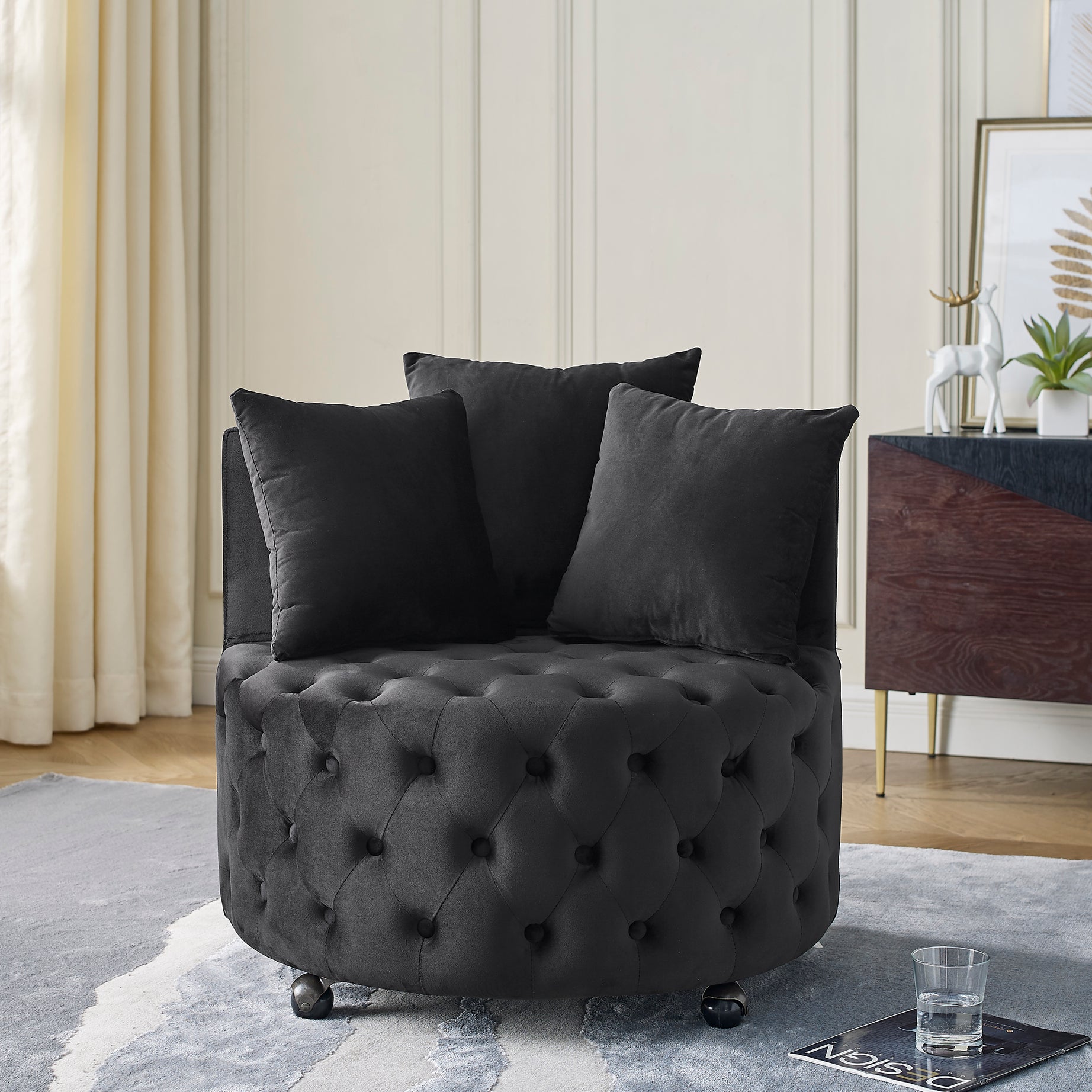 Velvet Upholstered Swivel Chair for Living Room, with Button Tufted Design and Movable Wheels, Including 3 Pillows, Black--1