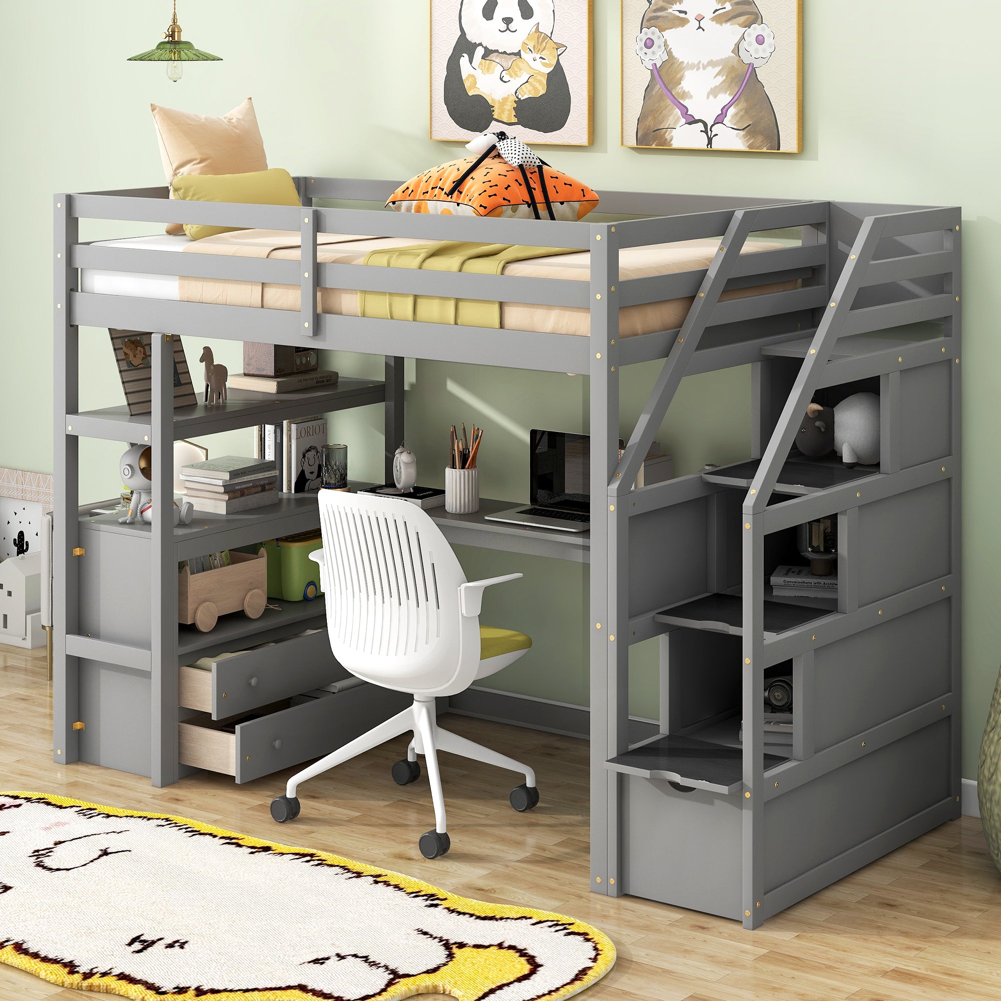 Twin Size Loft Bed with Desk and Shelves, Two Built-in Drawers, Storage Staircase, Gray--1