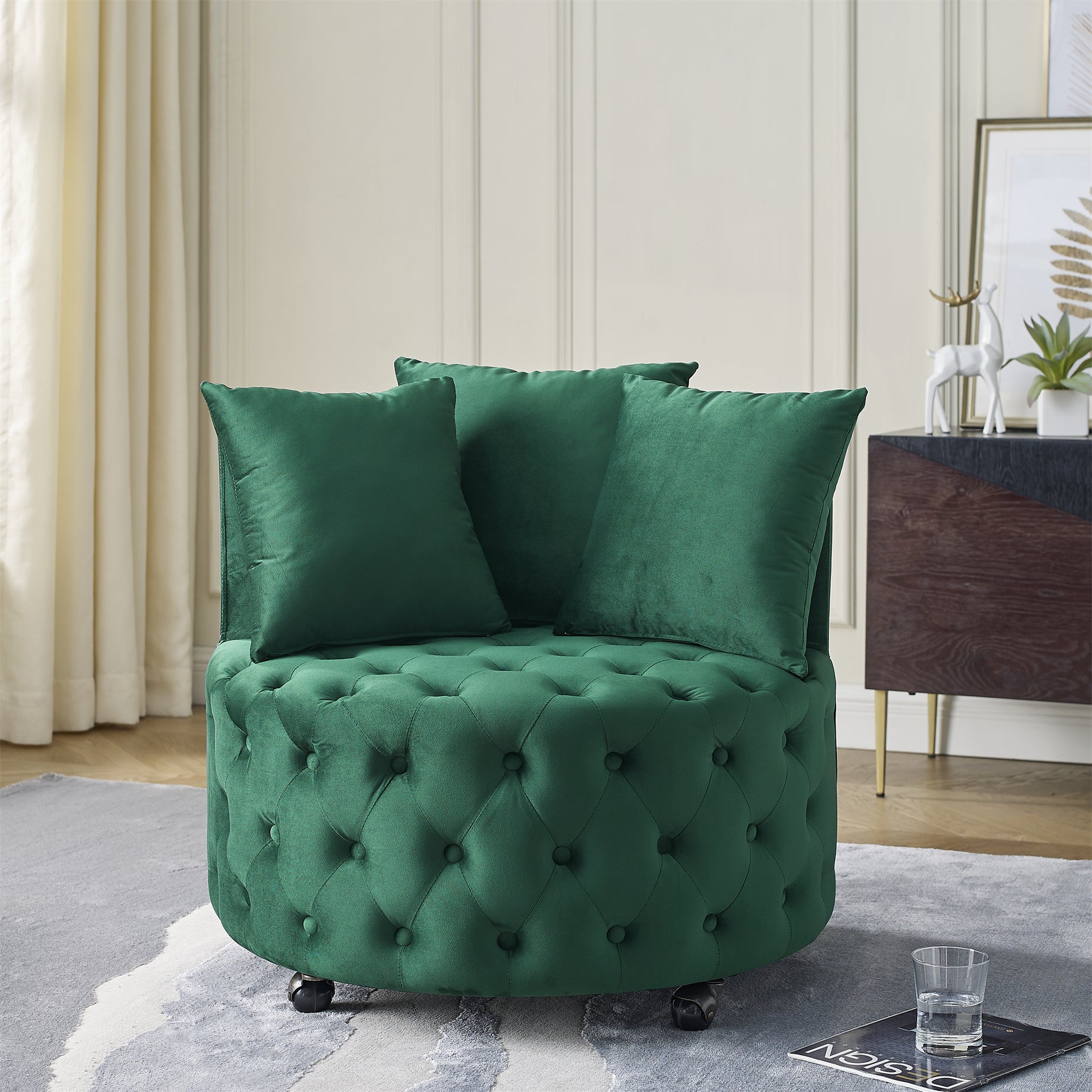 Velvet Upholstered Swivel Chair for Living Room, with Button Tufted Design and Movable Wheels, Including 3 Pillows, Green--1