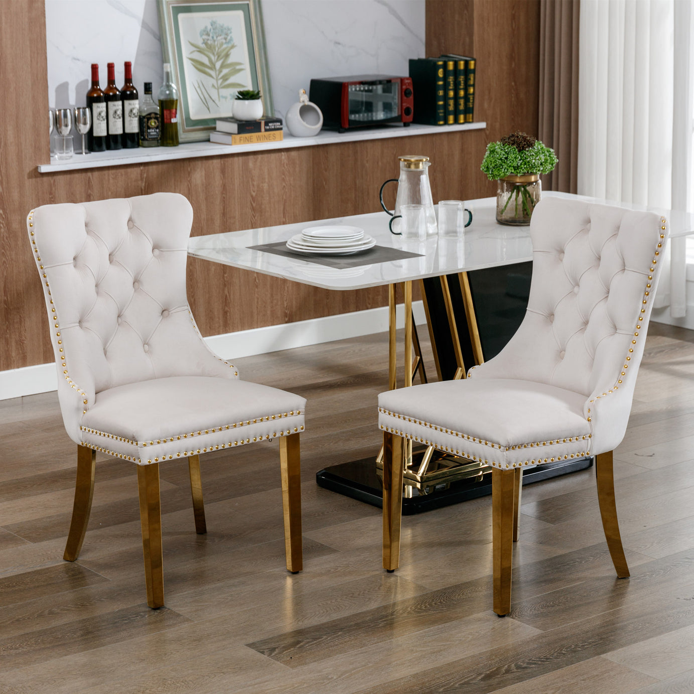 A&A Furniture,Nikki Collection Modern, High-end Tufted Solid Wood Contemporary Velvet Upholstered Dining Chair with Golden Stainless Steel Plating Legs,Nailhead Trim,Set of 2,Beige and Gold, SW1601BG--1