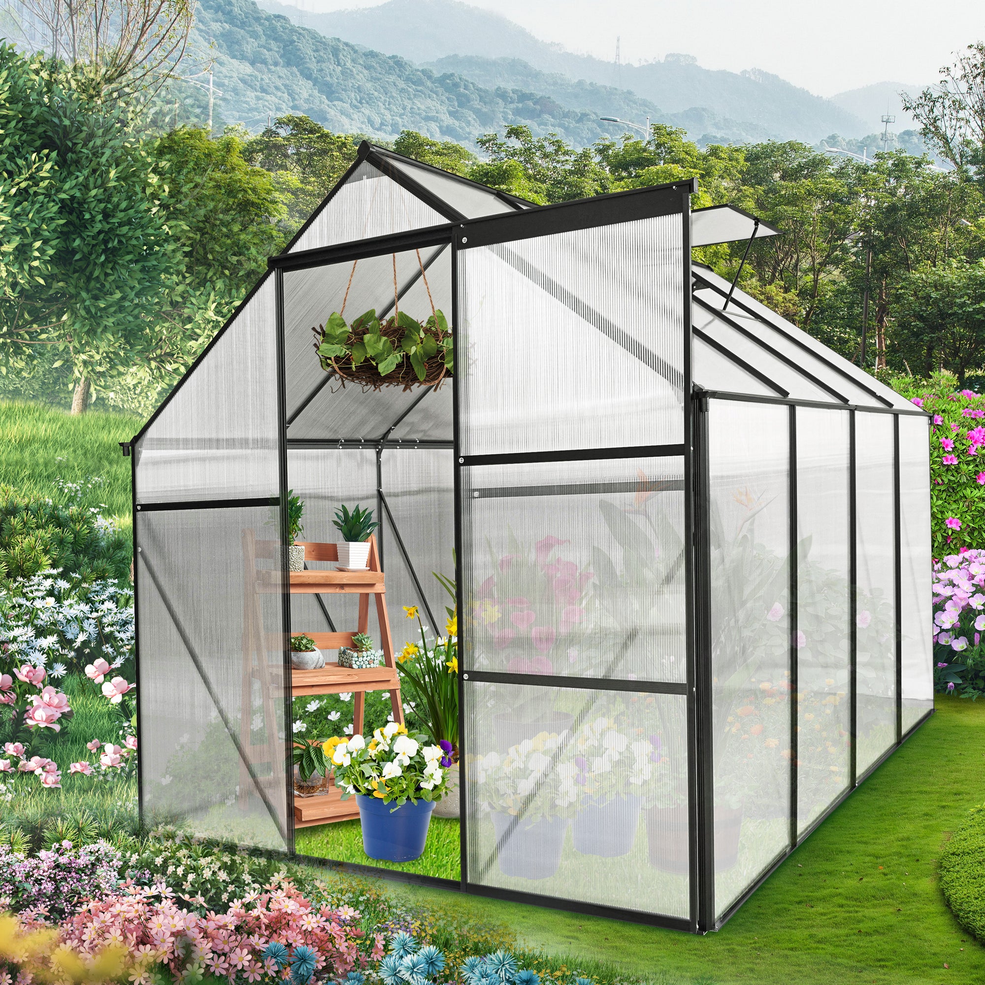 6x8 FT Polycarbonate Greenhouse Raised Base and Anchor Aluminum Heavy Duty Walk-in Greenhouses for Outdoor Backyard in All Season--1