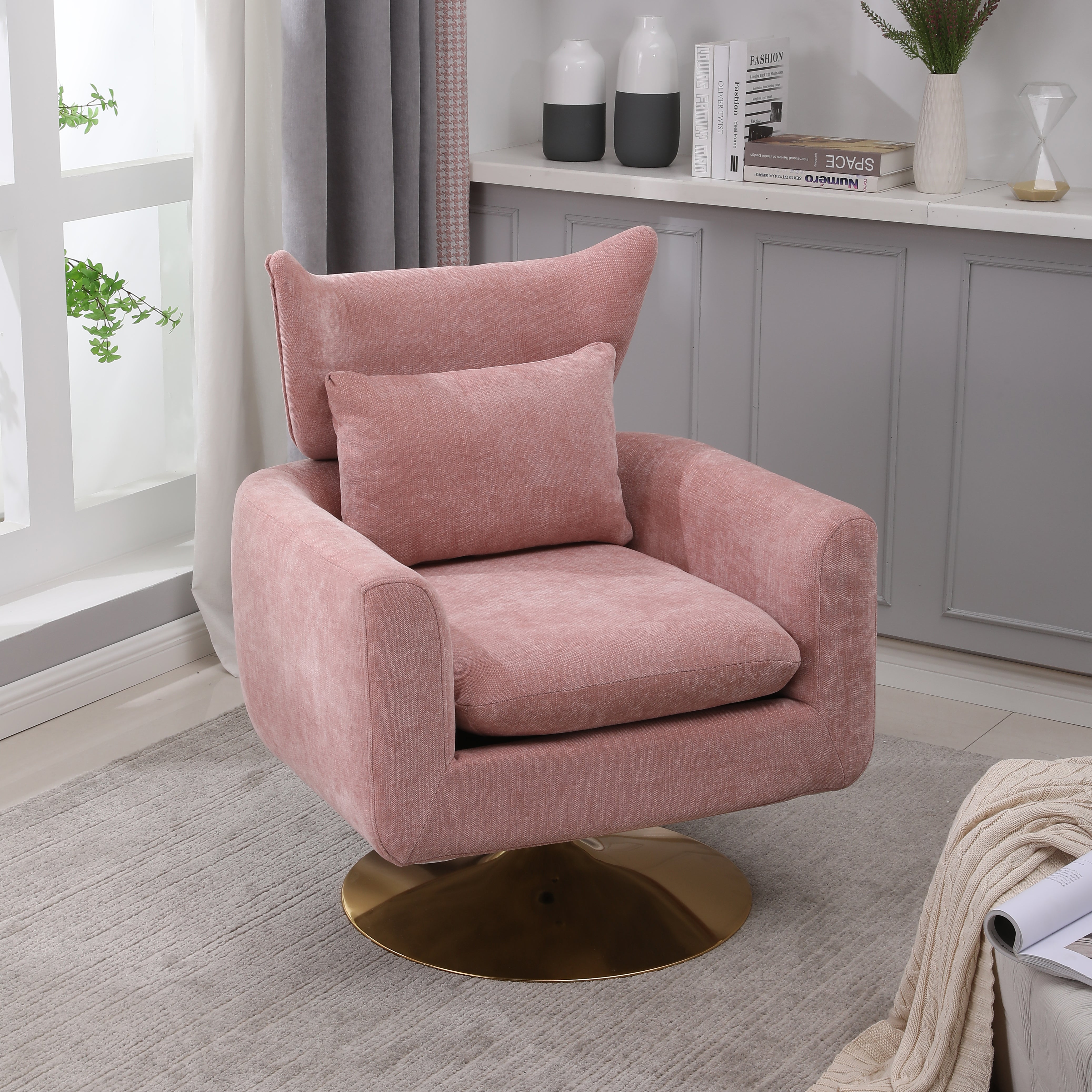 Classic Mid-Century 360-degree Swivel  Accent Chair, Pink Linen--1