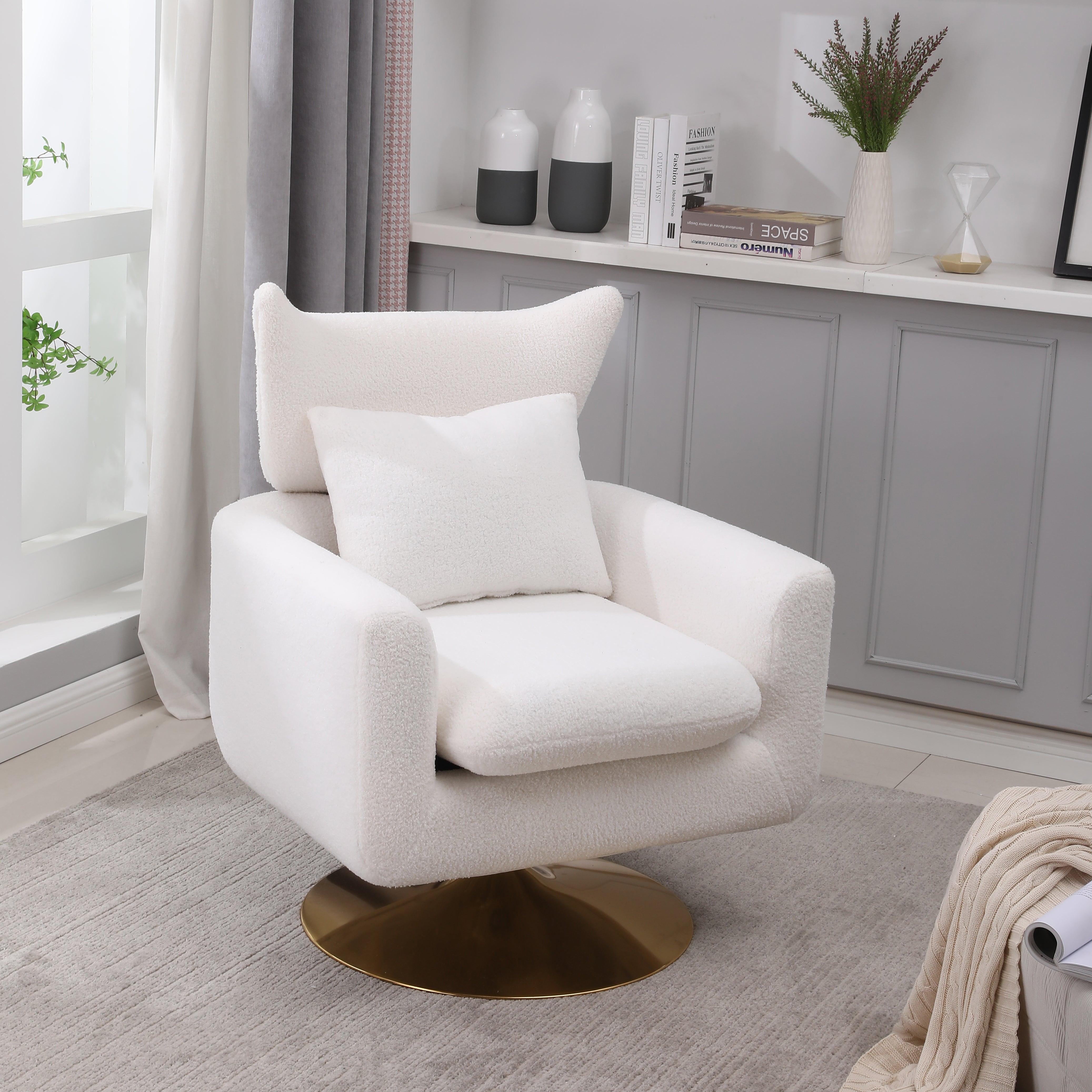 Classic Mid-Century 360-degree Swivel  Accent Chair, White Teddy Fabric--1