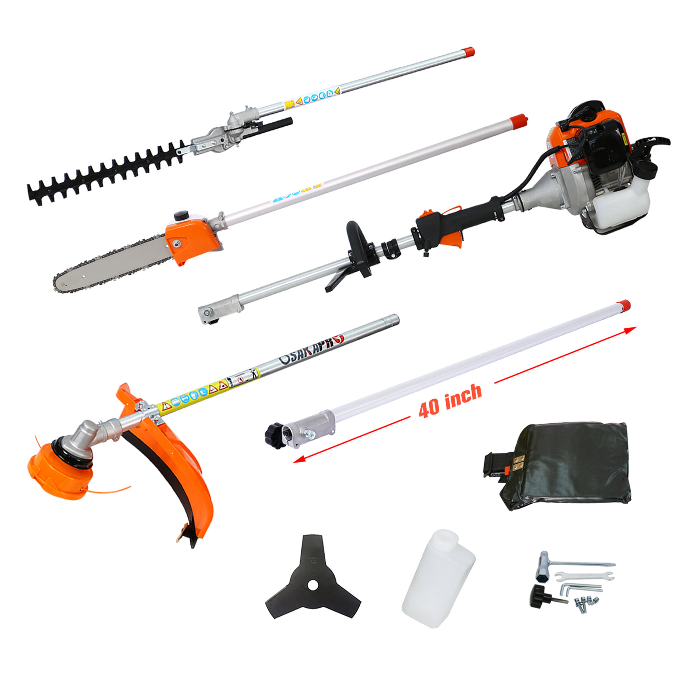 5 in 1 Multi-Functional Trimming Tool, 56CC 2-Cycle Garden Tool System with Gas Pole Saw, Hedge Trimmer, Grass Trimmer, and Brush Cutter EPA Compliant--1