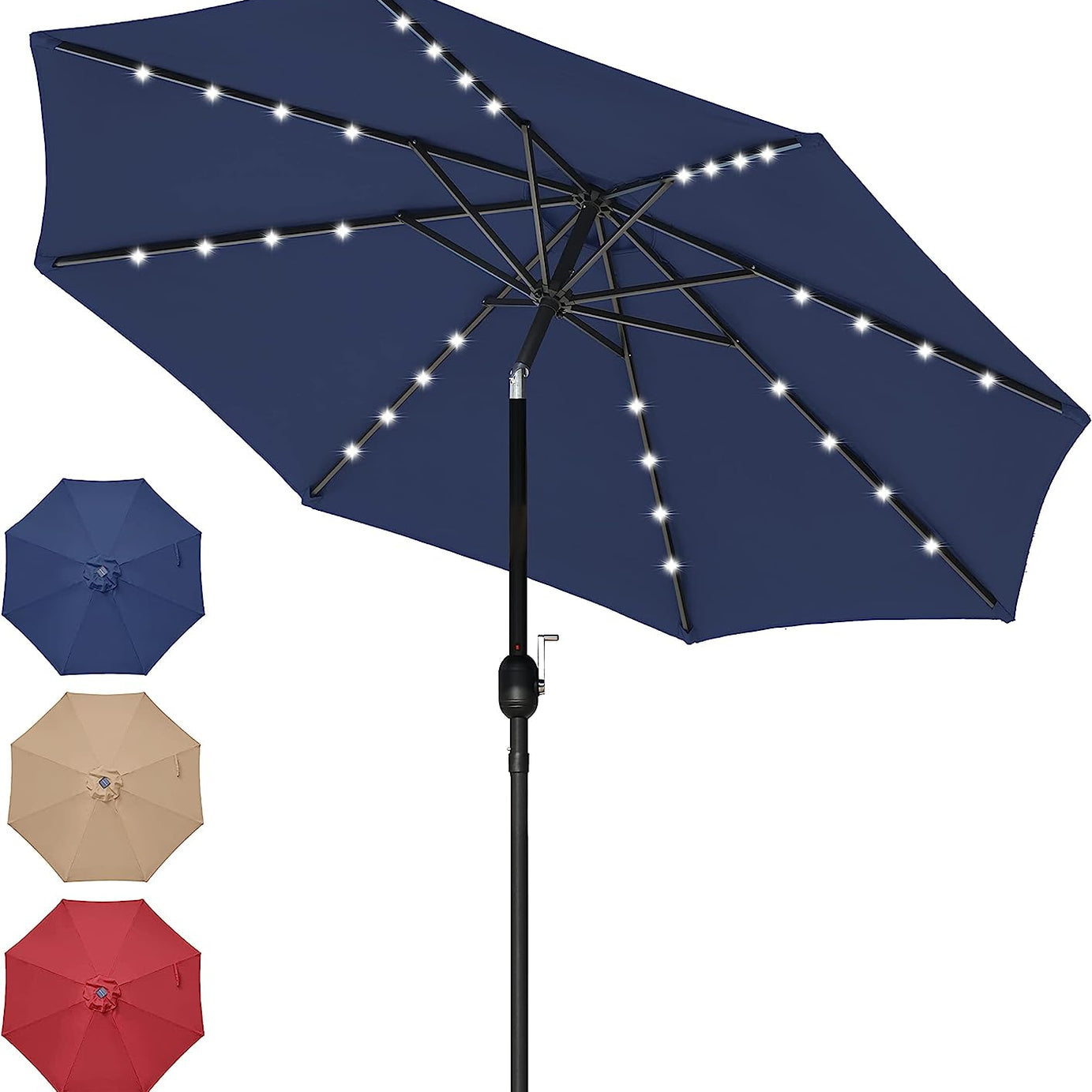 9' Solar Umbrella 32 LED Lighted Patio Umbrella Table Market Umbrella with Push Button Tilt/Crank Outdoor Umbrella for Garden, Deck, Backyard and Pool, Dark Blue--1