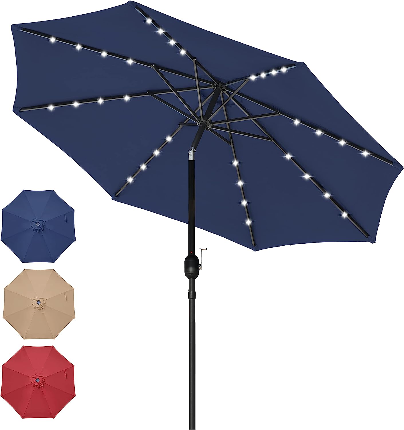 9' Solar Umbrella 32 LED Lighted Patio Umbrella Table Market Umbrella with Push Button Tilt/Crank Outdoor Umbrella for Garden, Deck, Backyard and Pool, Dark Blue--1