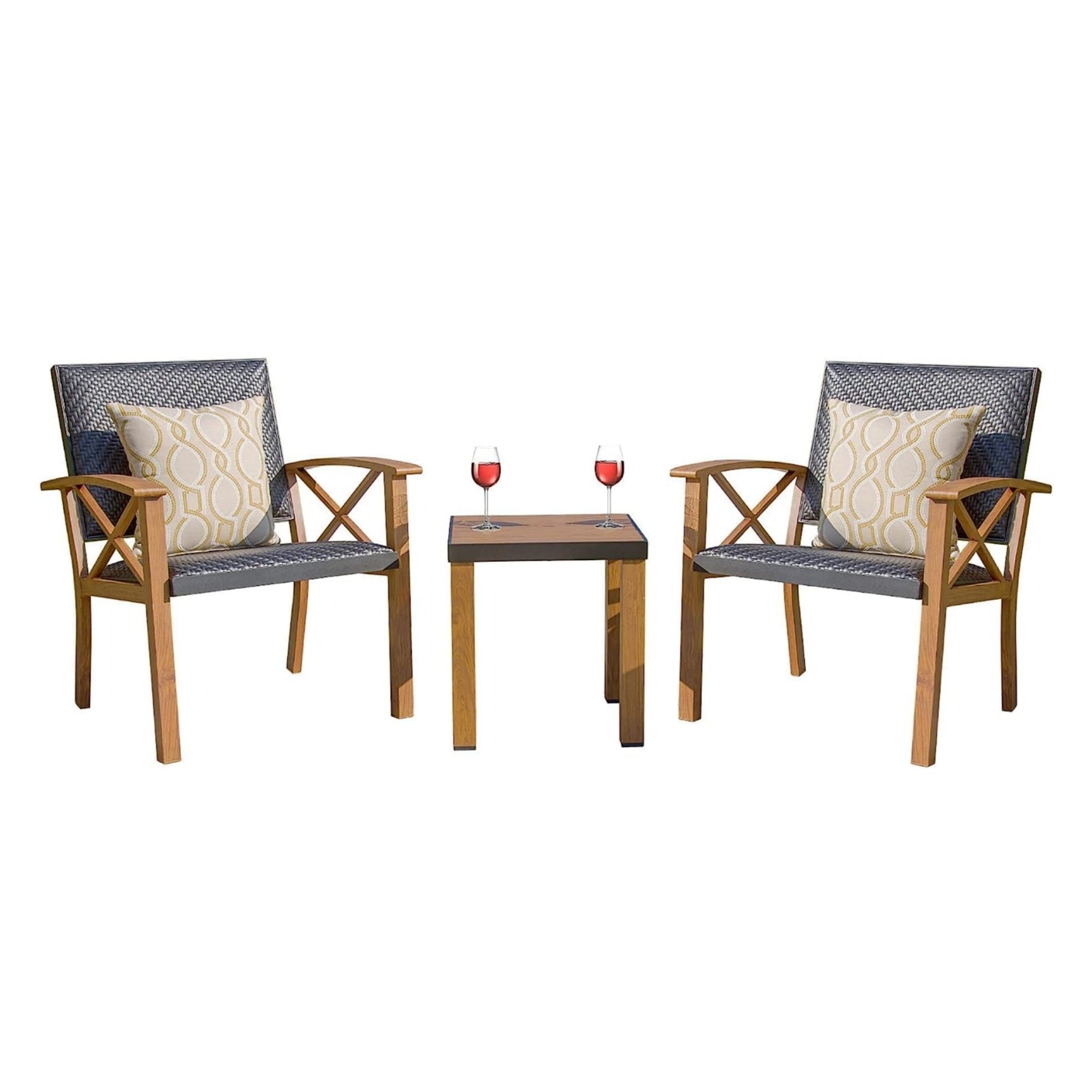 Patio Bistro Set 3 Pieces with Wood Grain Aluminum Wicker Padded Porch Chairs,Coffee Table,Outdoor Conversation Set with Beige Sunbrella Pillows(1Table+2 Chairs)--1