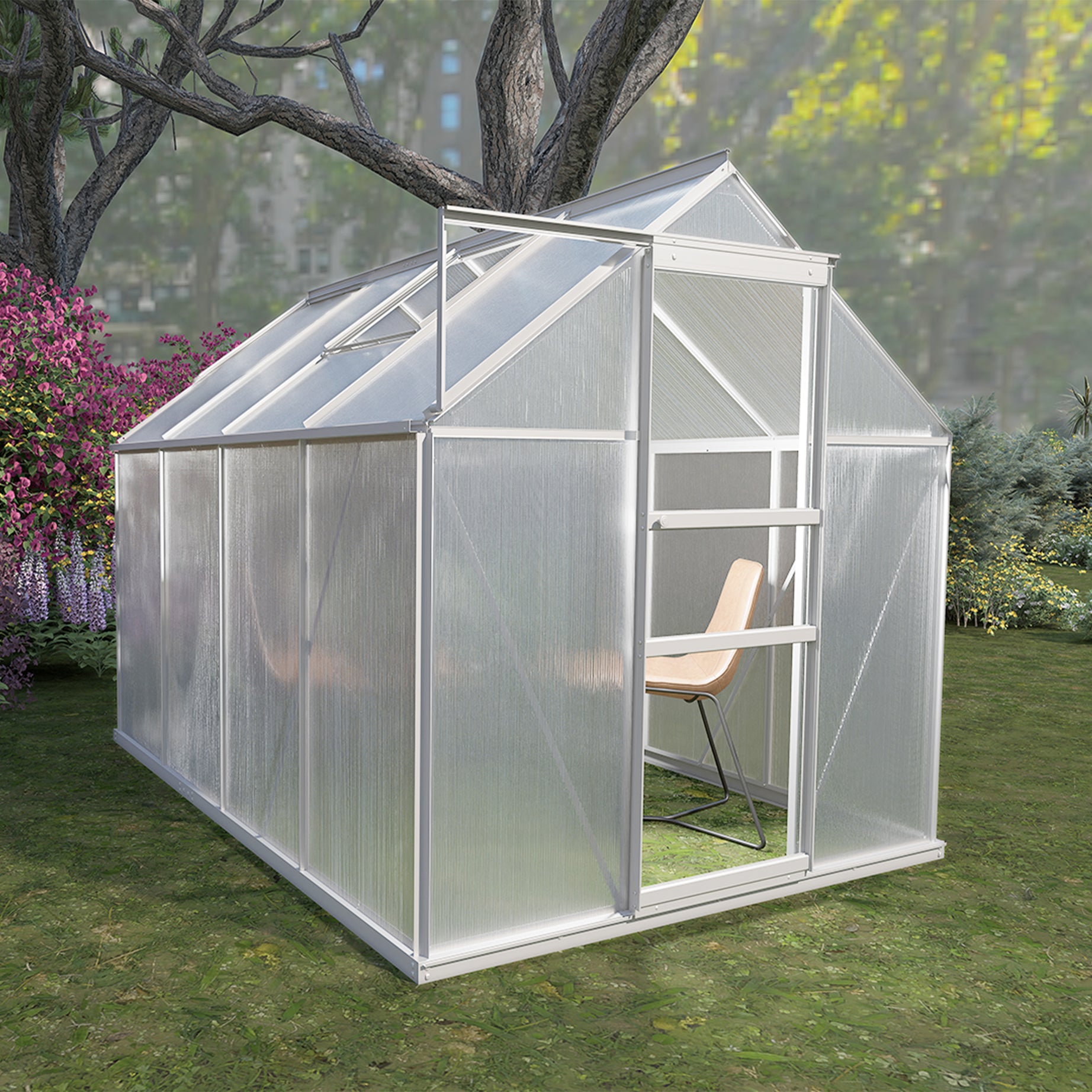 8' L x 6' W Walk-in Polycarbonate Greenhouse with Roof Vent,Sliding Doors,Aluminum Hobby Hot House for Outdoor Garden Backyard--1