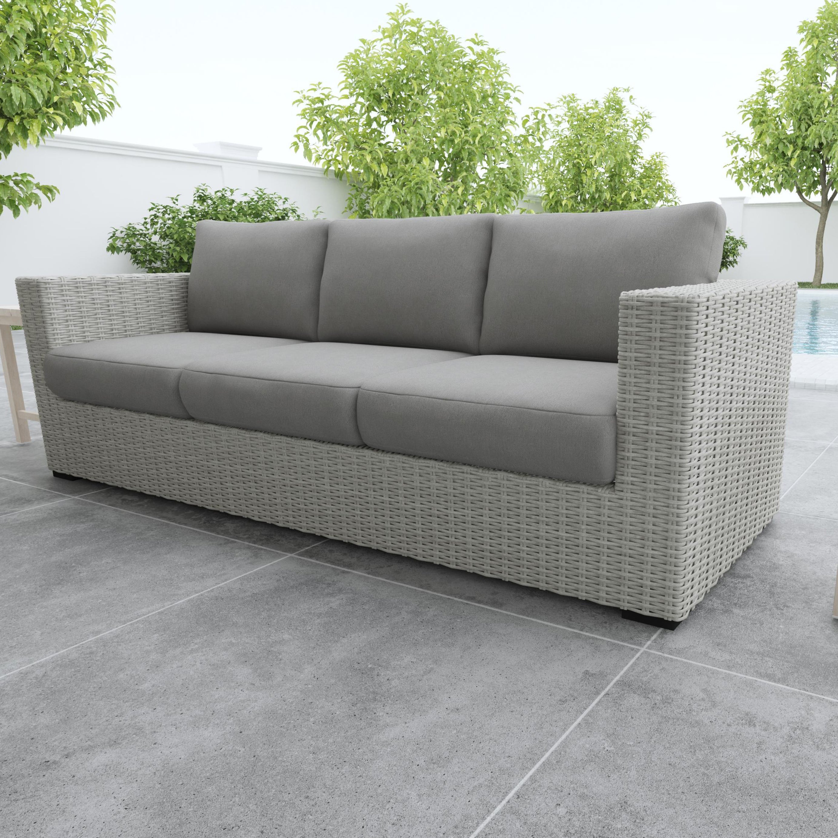 Deep Cushioned Outdoor Sofa w/ Half Round Wicker - HDPE Resin Wicker, Solution-Dyed Acrylic Covers--1