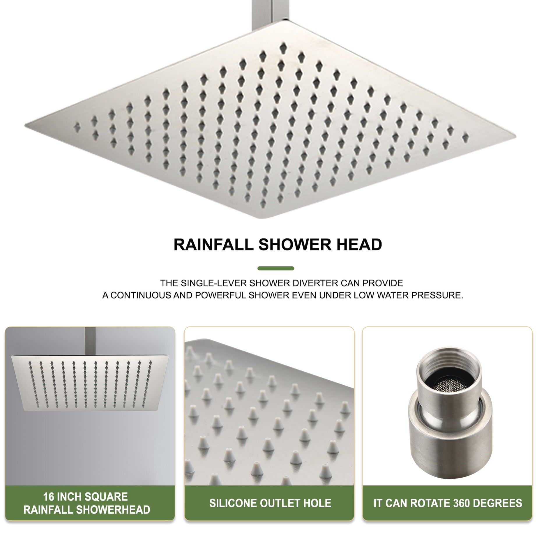 16 Inch Square Rain Shower Head Brushed Nickel 304 Stainless Steel Showerhead--4