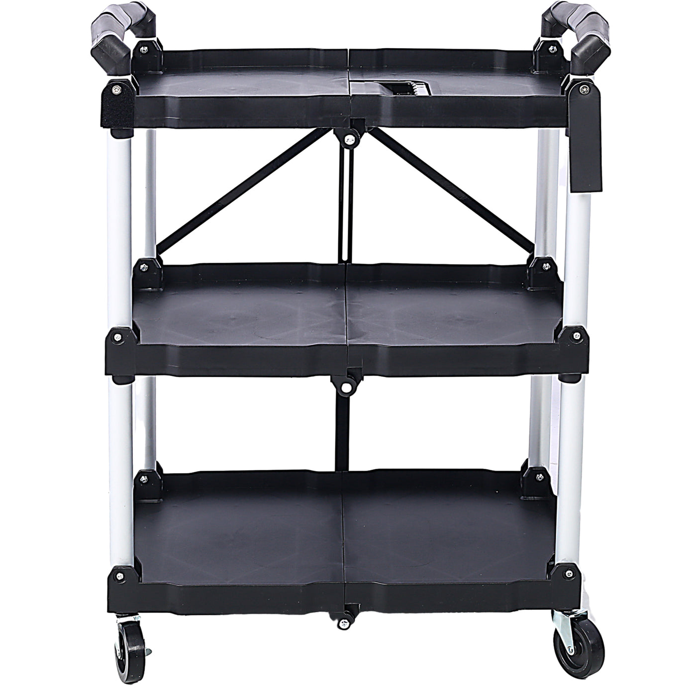 3 Layers Folding Collapsible Service Cart Pack-N-Roll Folding Collapsible Service Cart, Black, 50 Lb. Load Capacity per Shelf--1