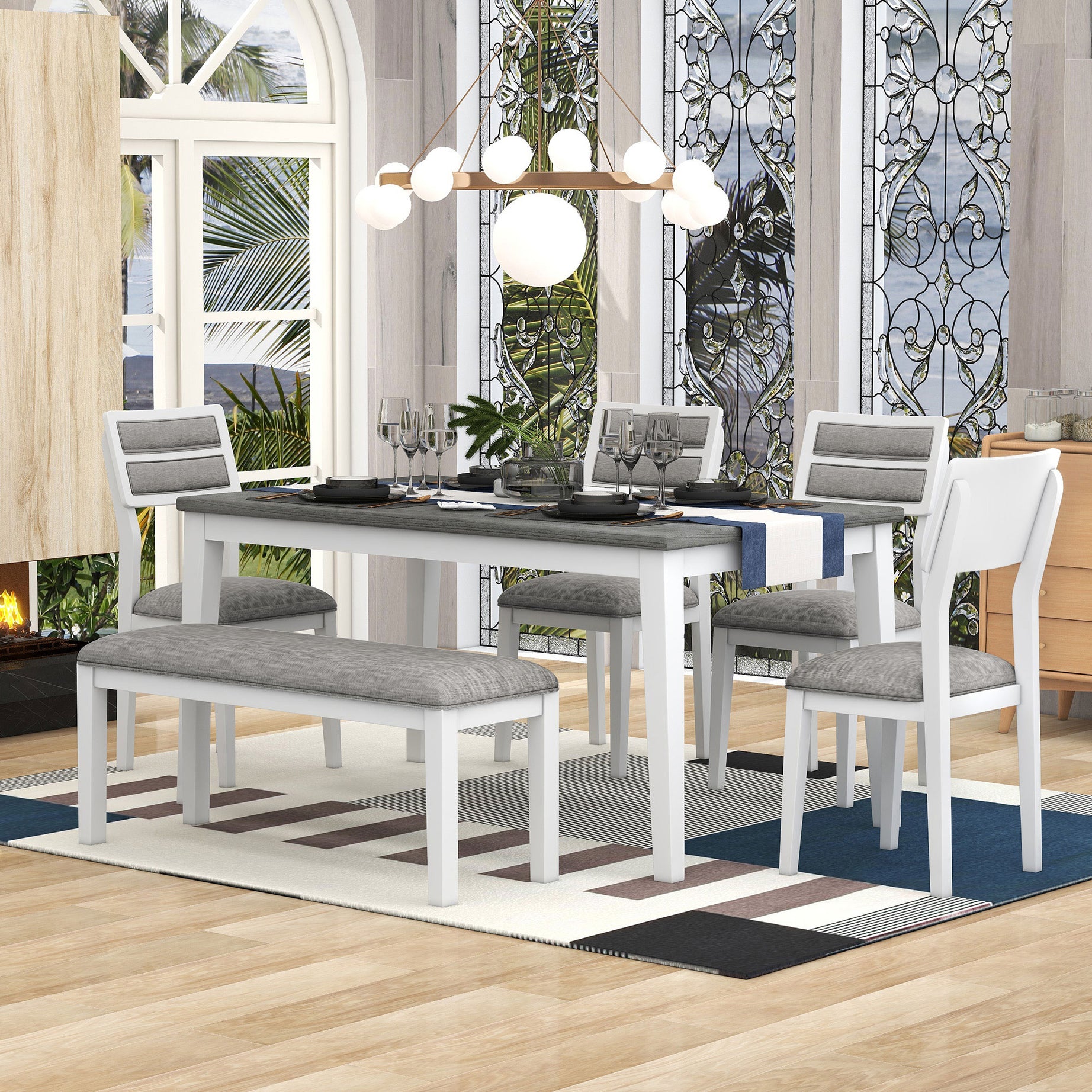 TREXM Classic and Traditional Style 6 - Piece Dining Set, Includes Dining Table, 4 Upholstered Chairs & Bench (White+Gray)--1