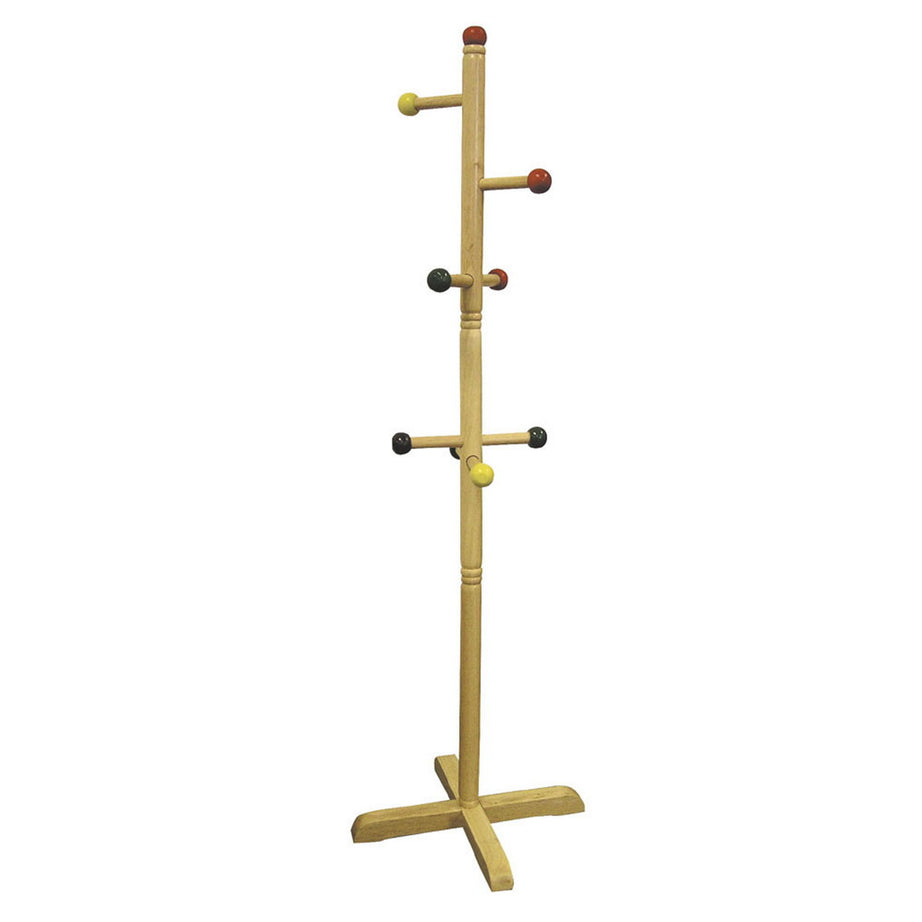 49.5" Tall Wooden Kids Standing Coat Rack, Natural Finish, 8 Colored Pegs--1