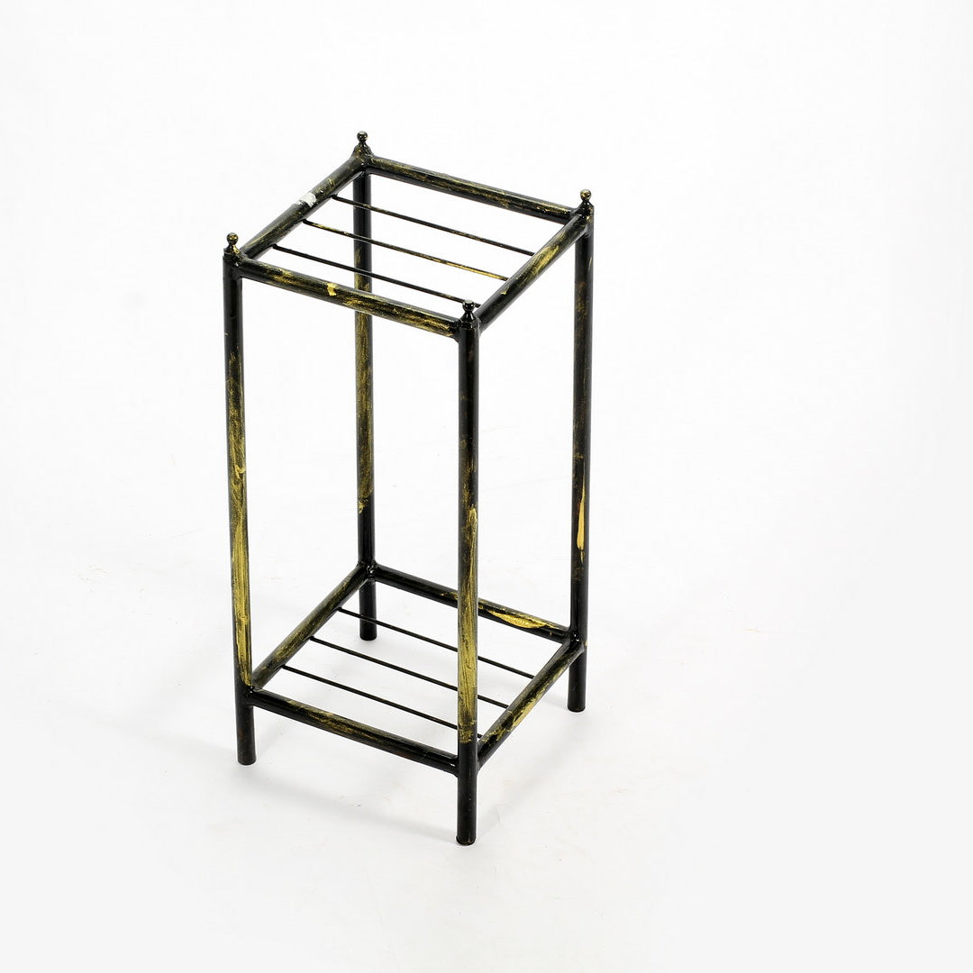 17" Gray Stone Slab 2 Tier Small Square Black / Gold Cast Metal Plant Stand--1