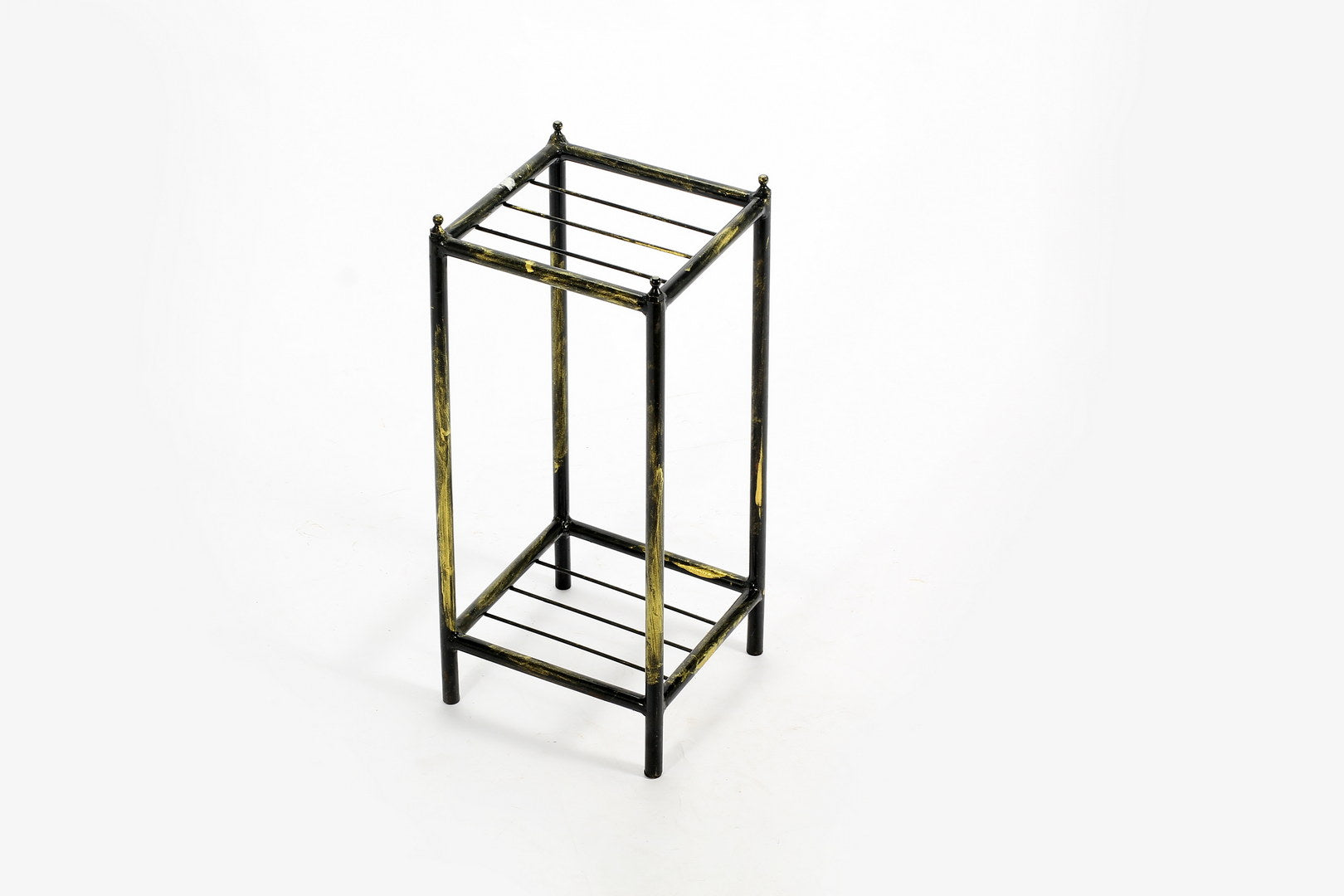 17" Gray Stone Slab 2 Tier Small Square Black / Gold Cast Metal Plant Stand--1