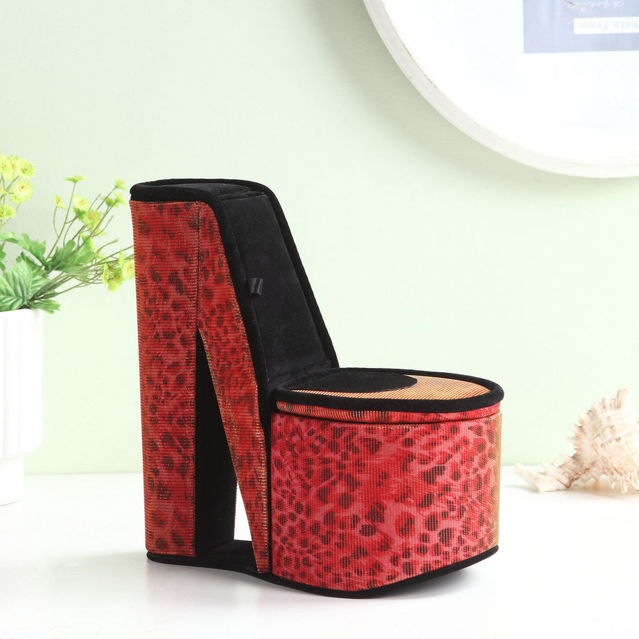 9" Tall Display Jewelry Box with Hidden Storage, High Heel Shoe Design, Leopard Print--1