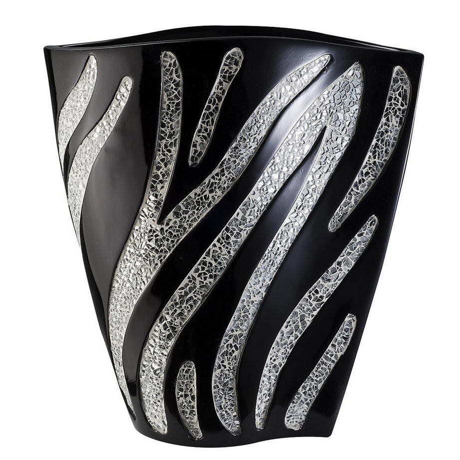 14" Tall Polyresin Decorative Vase, Black finish with Silver Zebra Pattern--1